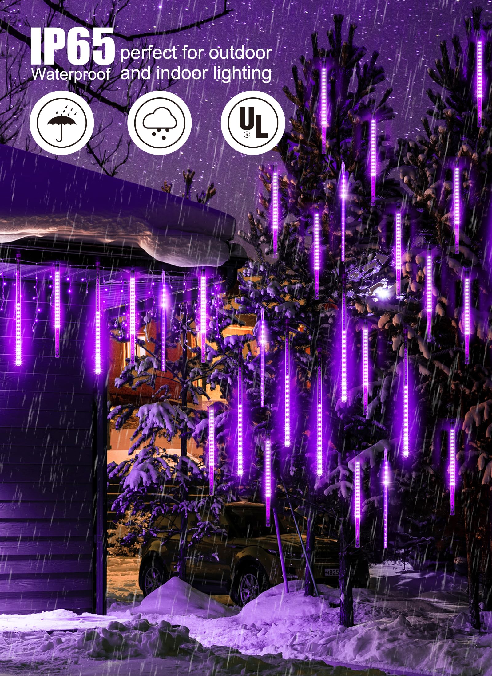 Minetom Solar Meteor Shower Lights 20 Tubes 720 LED 16 Inch Outdoor Waterproof Purple Christmas Decoration