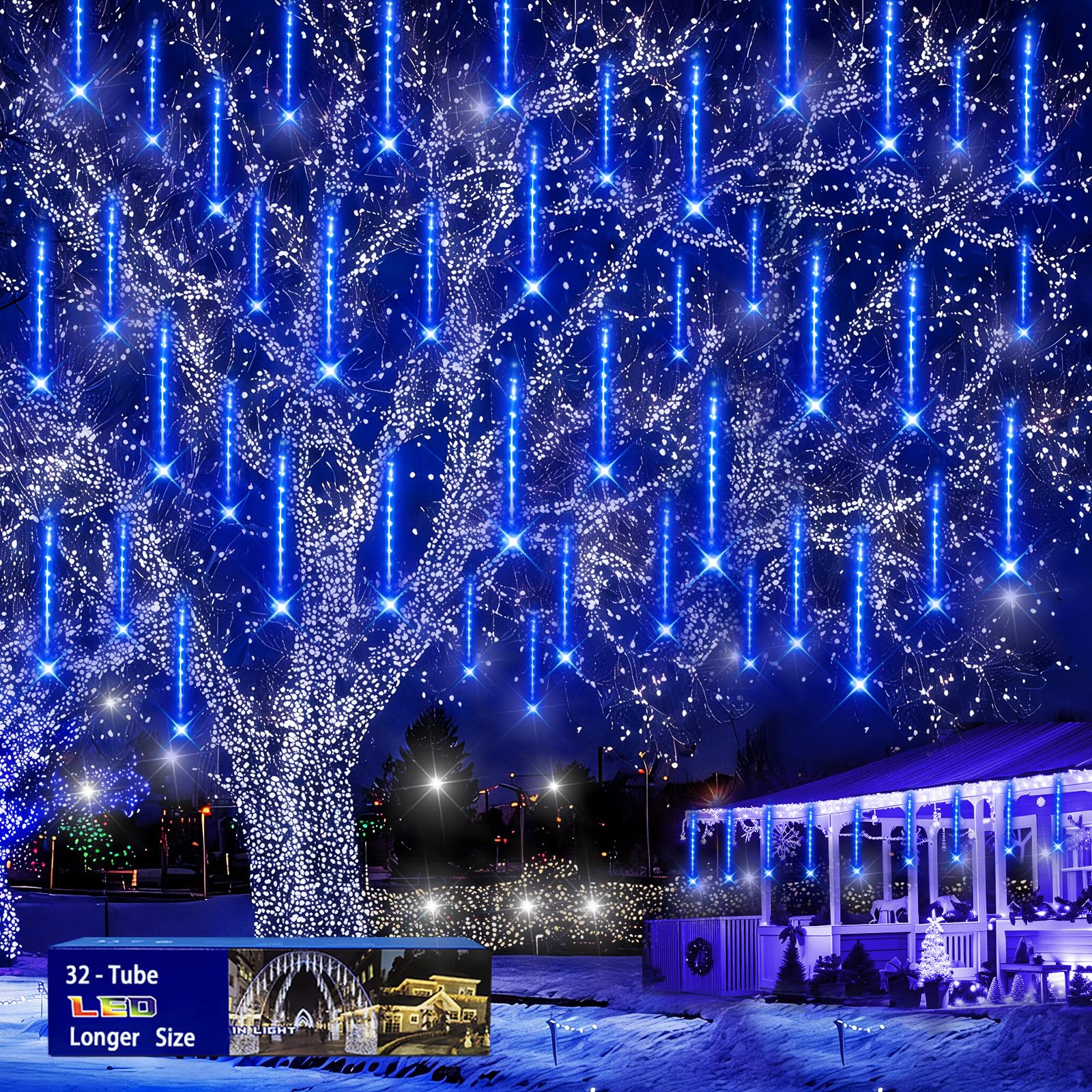 Christmas Lights Outdoors, 32 Tubes(Equivalent to 4 Sets of 8-Tubes) Meteor Shower Rain Lights - Blue lcicle Christmas Light Out