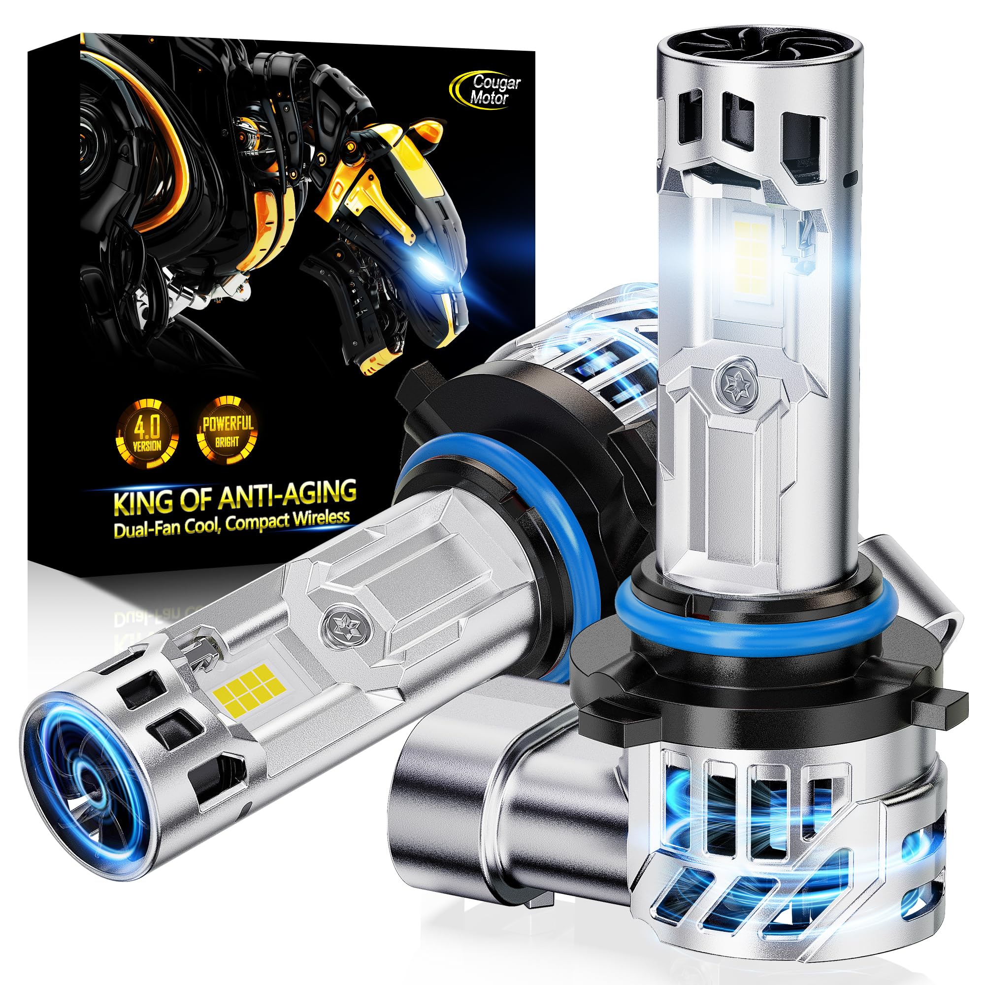 Cougar Motor Fog Bulbs 9006, 9006 Bulb with Dual Cooling Fan, 10X Brightness Real 1:1 Size, Long Lasting White Auxiliary Fog Lig