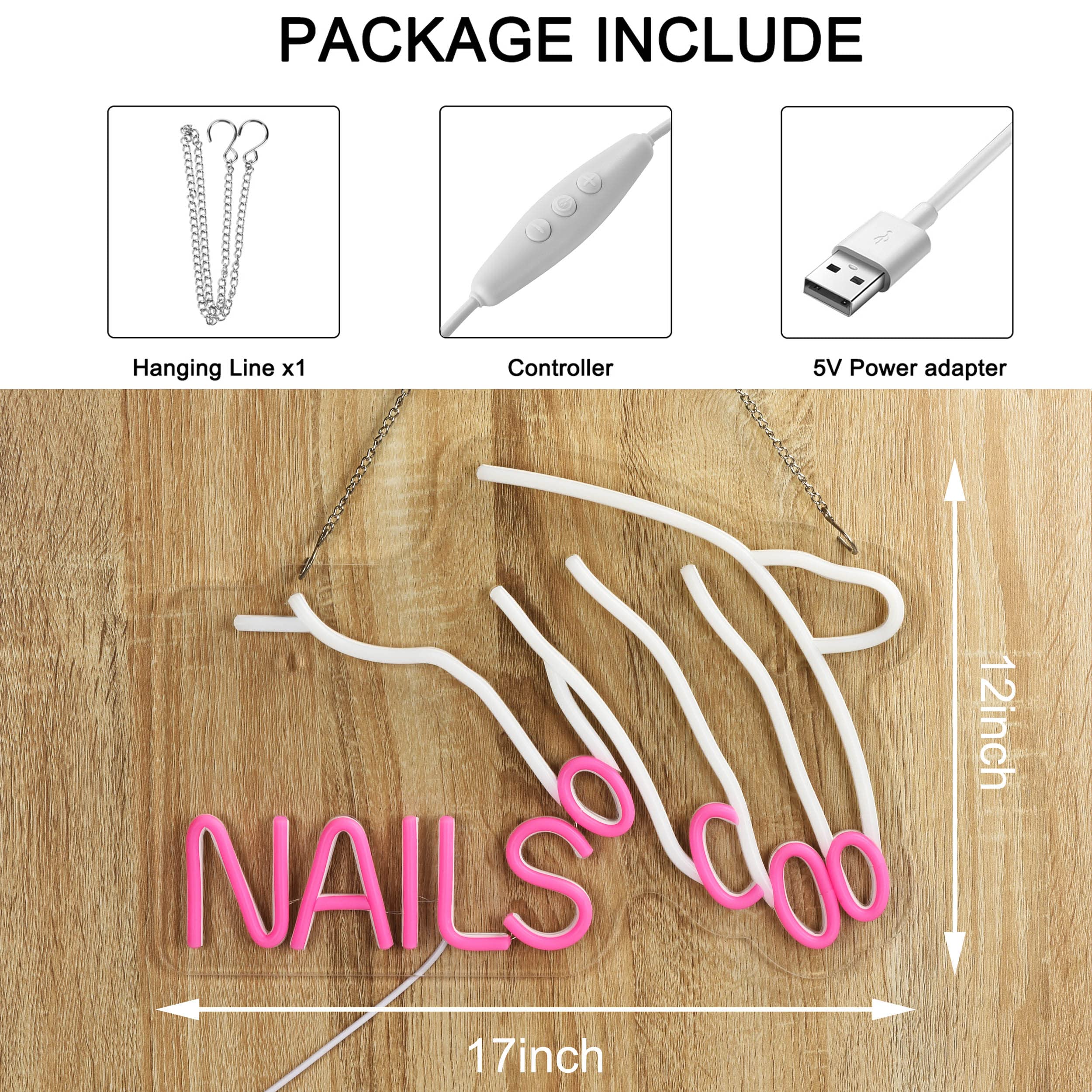 ZODZ Neon Light Sign for Nails Salon, Dimmable, USB Powered, 17x12 inches, White and Pink, Decorative Wall Decor