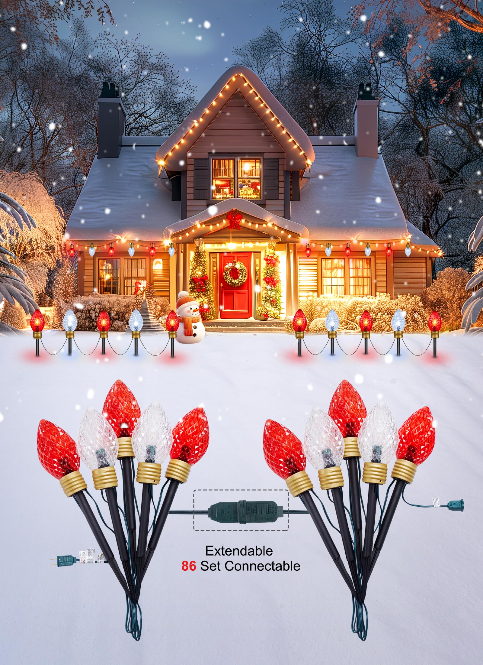 Minetom Jumbo C9 Christmas Pathway Lights - 2 Pack, 10.5ft, Multicolor C7 Bulbs, Red & Cool White Decorations for Outdoor Lawn