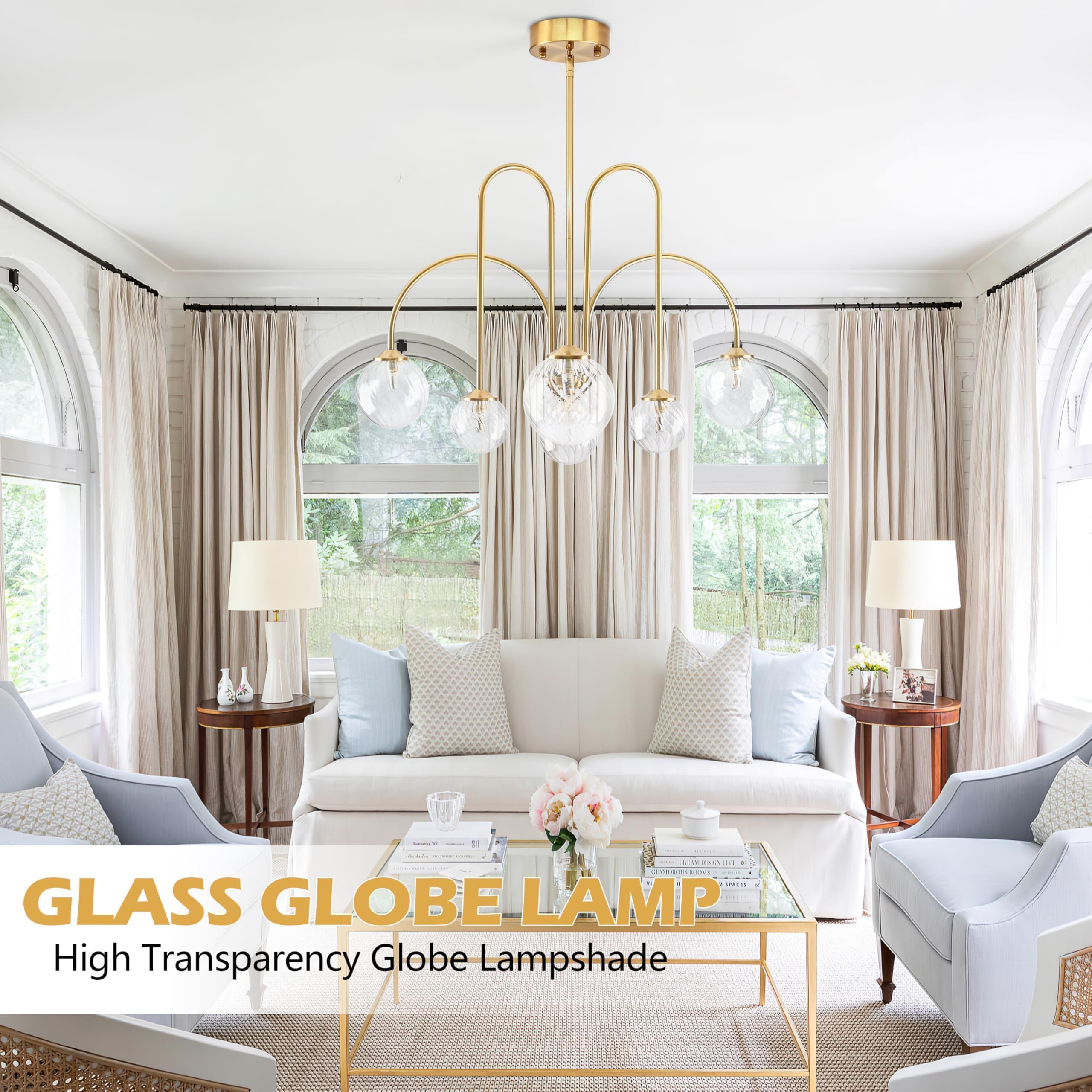 Bagood 6-Light Sputnik Chandelier, Clear Glass Globe, 29.5" Dimmable, Gold Metal, Model DGQ-U06-QJ for Bedroom & Kitchen