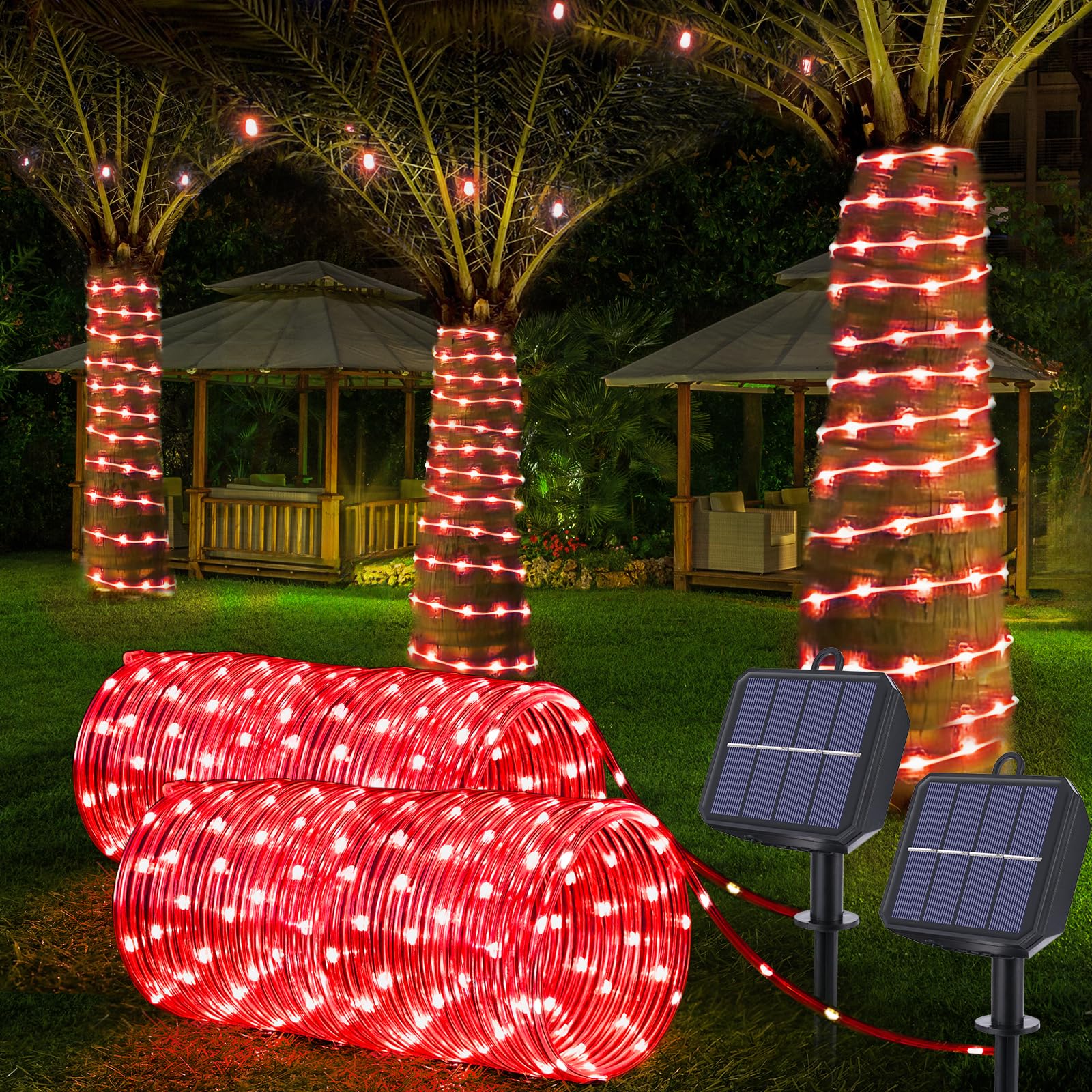 Jnaurb Solar Rope Lights, 132ft 400LED Waterproof Outdoor String Lights, Red, 8 Modes, Flexible Tube for Garden Patio Xmas Decor