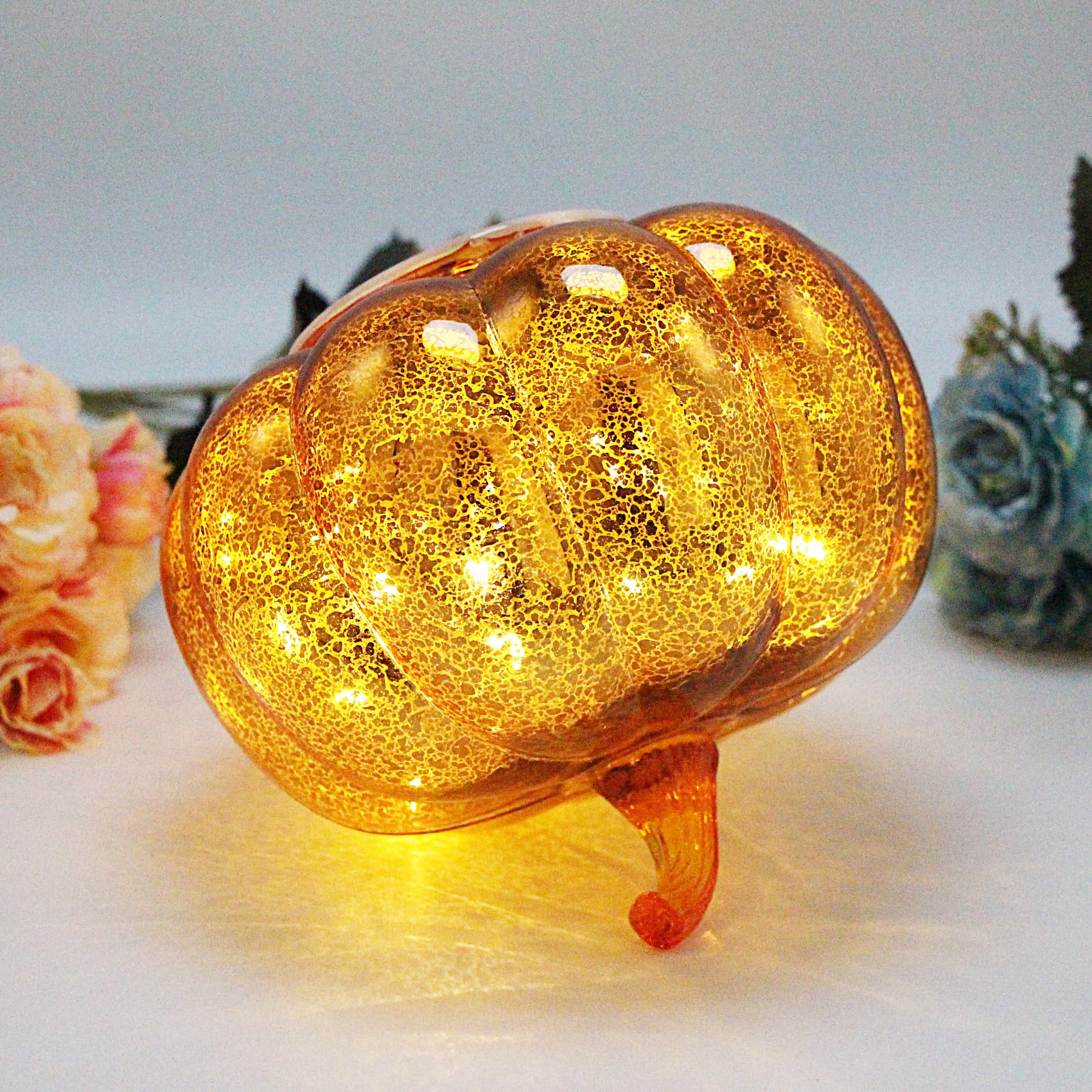 Cfdecor Mercury Glass Pumpkin Light With Timer, Battery Operated Led, 10 Fairy Lights, Gold2, Model Mge, Ideal For Halloween & Thanksgiving Decor