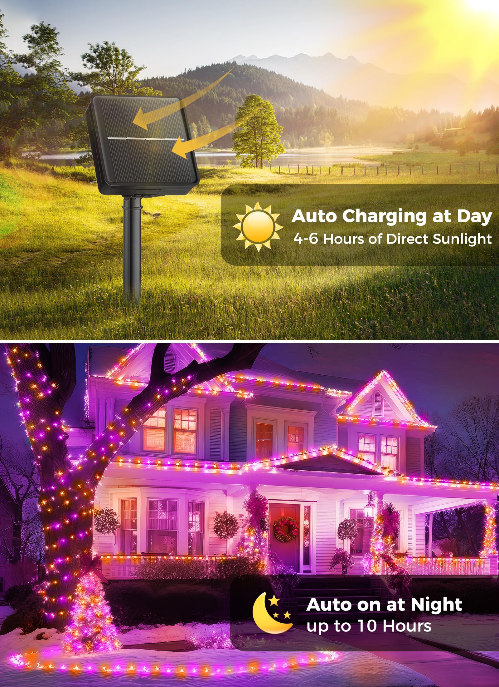 Brightown 2-Pack 400Led 170Ft Total Halloween Solar Outdoor Lights Ip65 Waterproof Solar Powered Lights With 8 Lighting Modes For Party Garden Yard Home Holiday Tree Decoration Lighting Orange&Purple