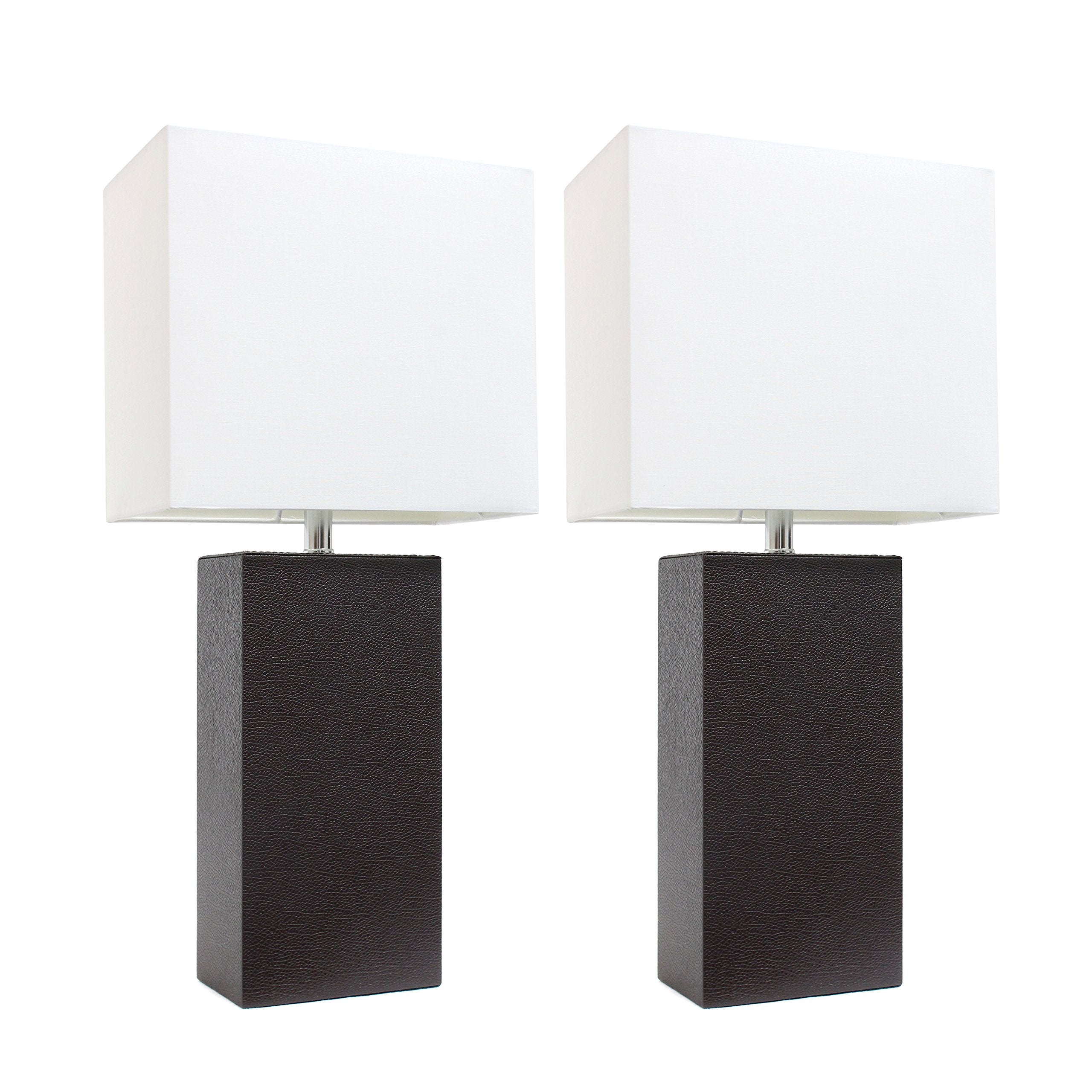 Elegant Designs Lc2000-Bwn-2Pk Modern Leather Table Lamps With White Fabric Shades, Espresso Brown