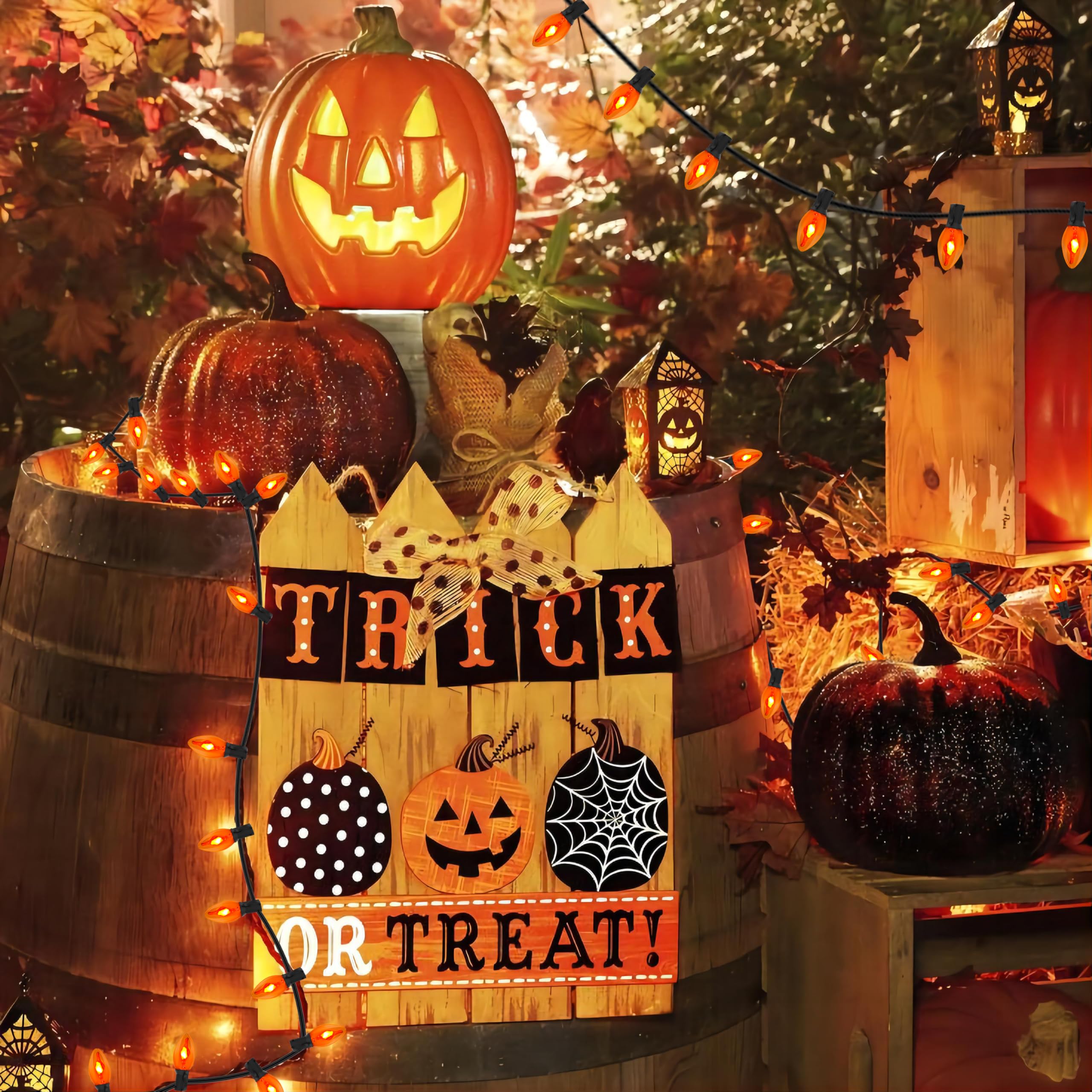 Orange Halloween Lights, 25Ft C7 Outdoor Flickering Flame String Lights With 25 Bulbs, Plug-In Decorations For Indoor/Outdoor Pa