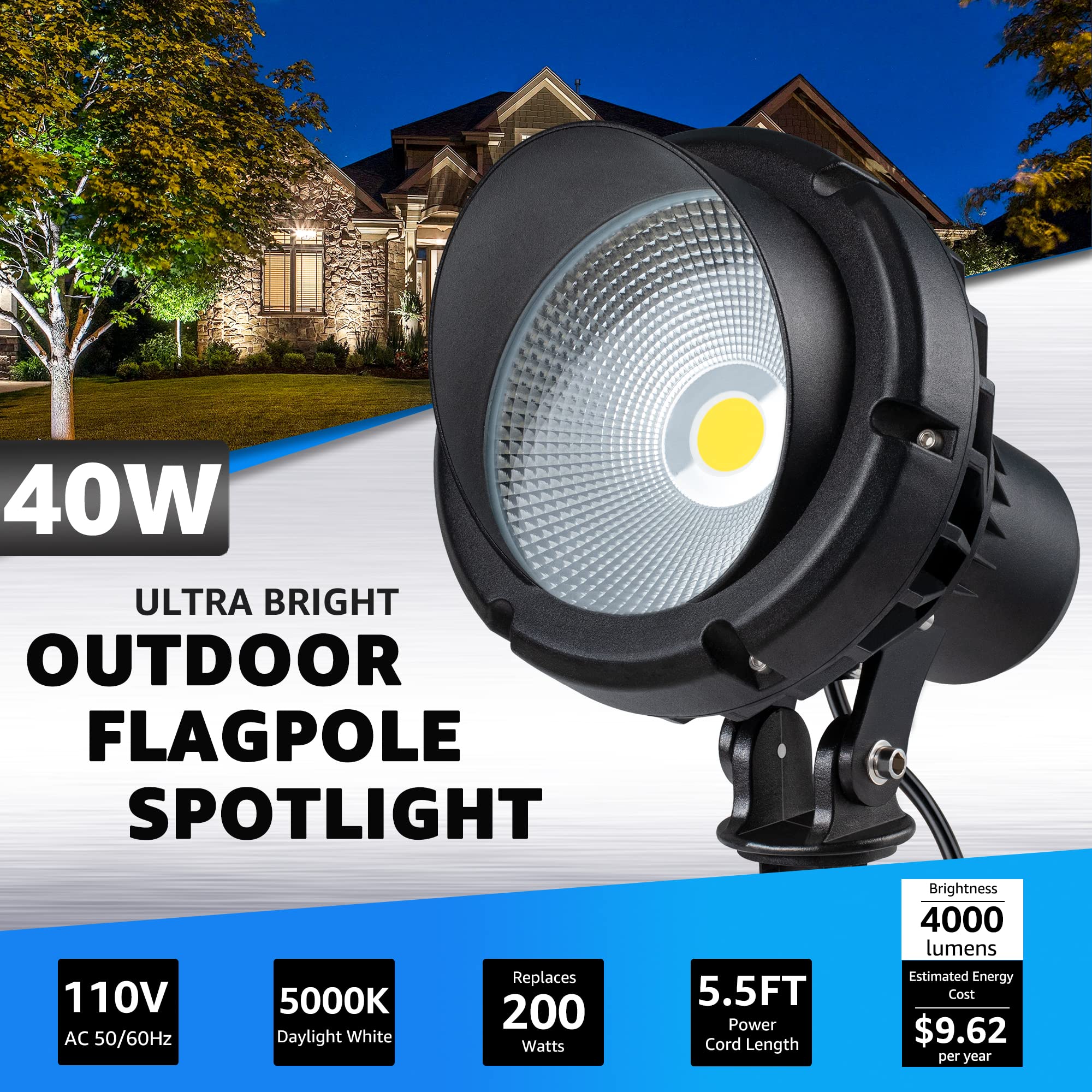 SUNVIE LED Spot Lights 40W 5000K Daylight White Outdoor Lighting for Yard, House, Tree - Black, Model CHD40A01, Plug-in with 5.5
