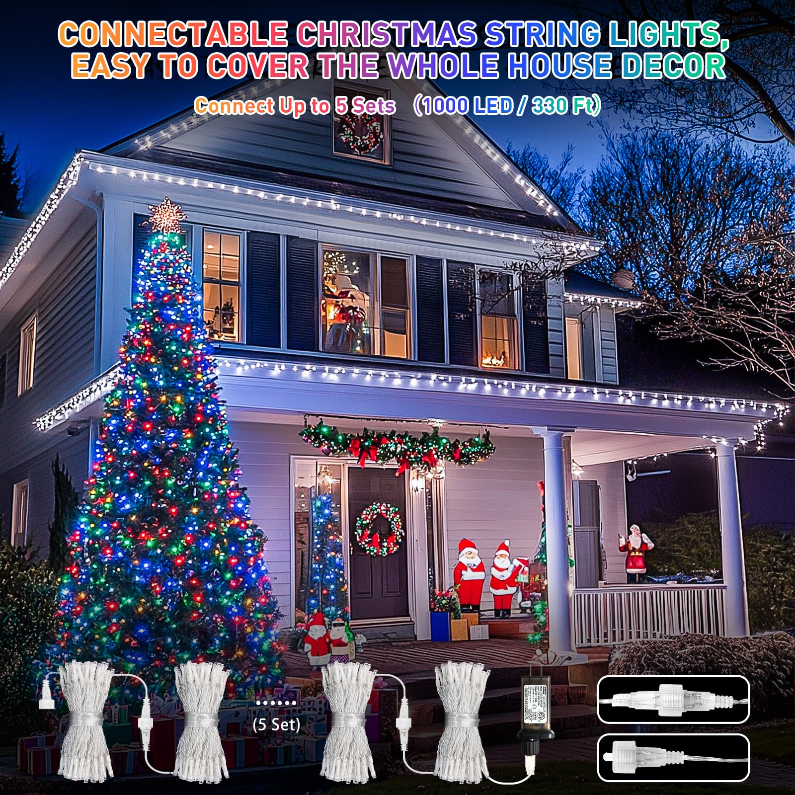 Jmexsuss 200 Led Christmas String Lights Outdoor Waterproof, 66Ft Color Changing String Lights Plug In, Cool White & Multicolor