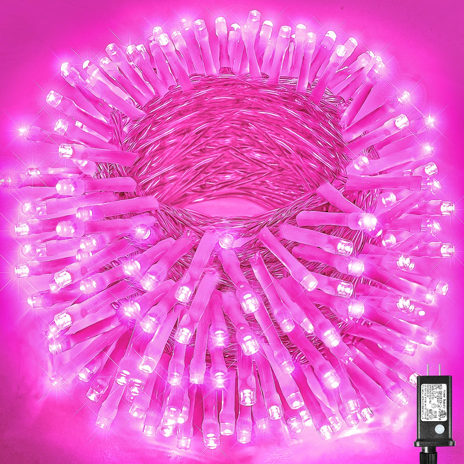 300 LED Pink String Lights, 99ft Pink Christmas Lights Outdoor 8 Modes Clear Wire, Plug in Waterproof Twinkle Fairy Lights for B