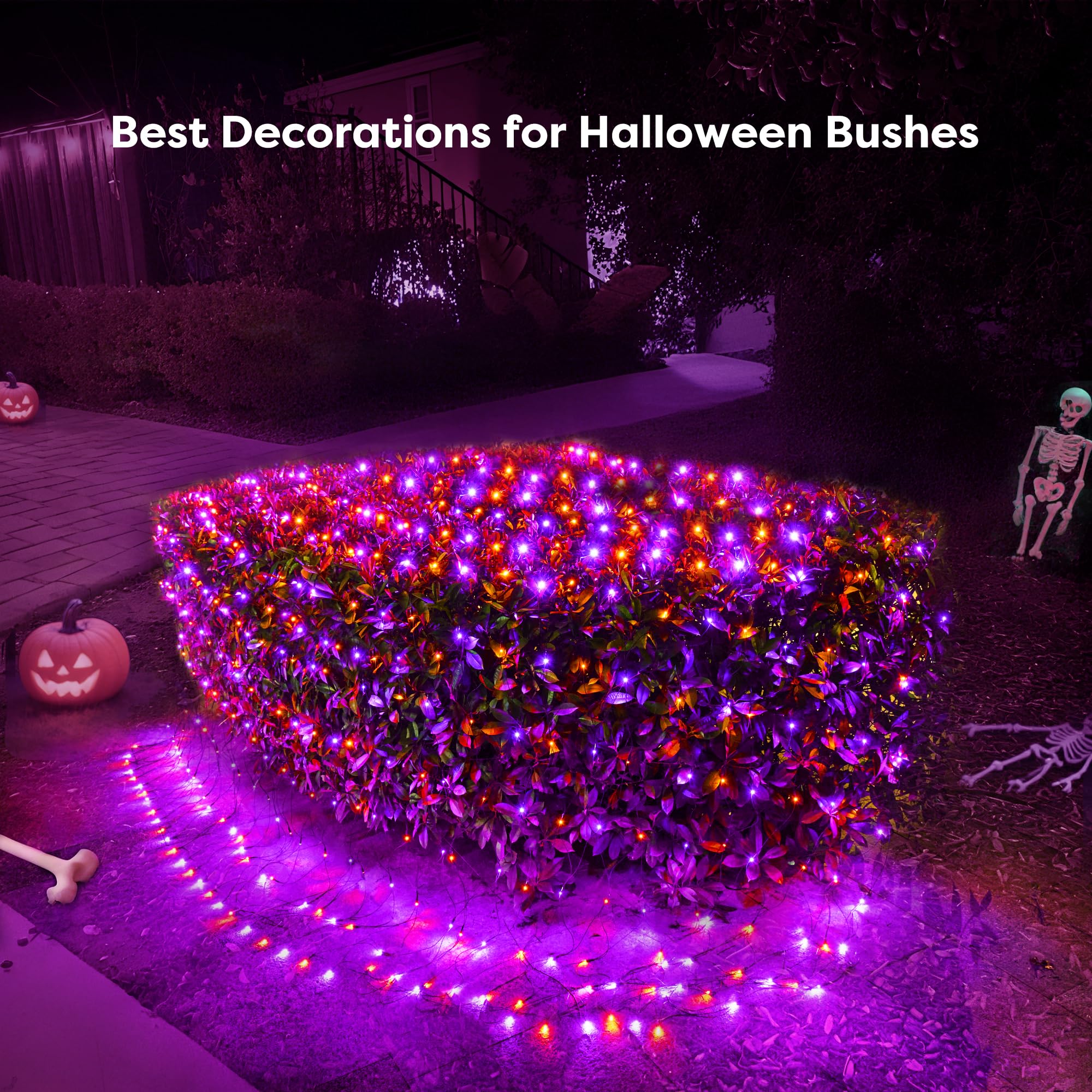 BlcTec Halloween Lights Outdoor 360 LED 9.8ft x 6.6in Orange Purple Waterproof Mesh Lights with Timer, Connectable, Green Wire