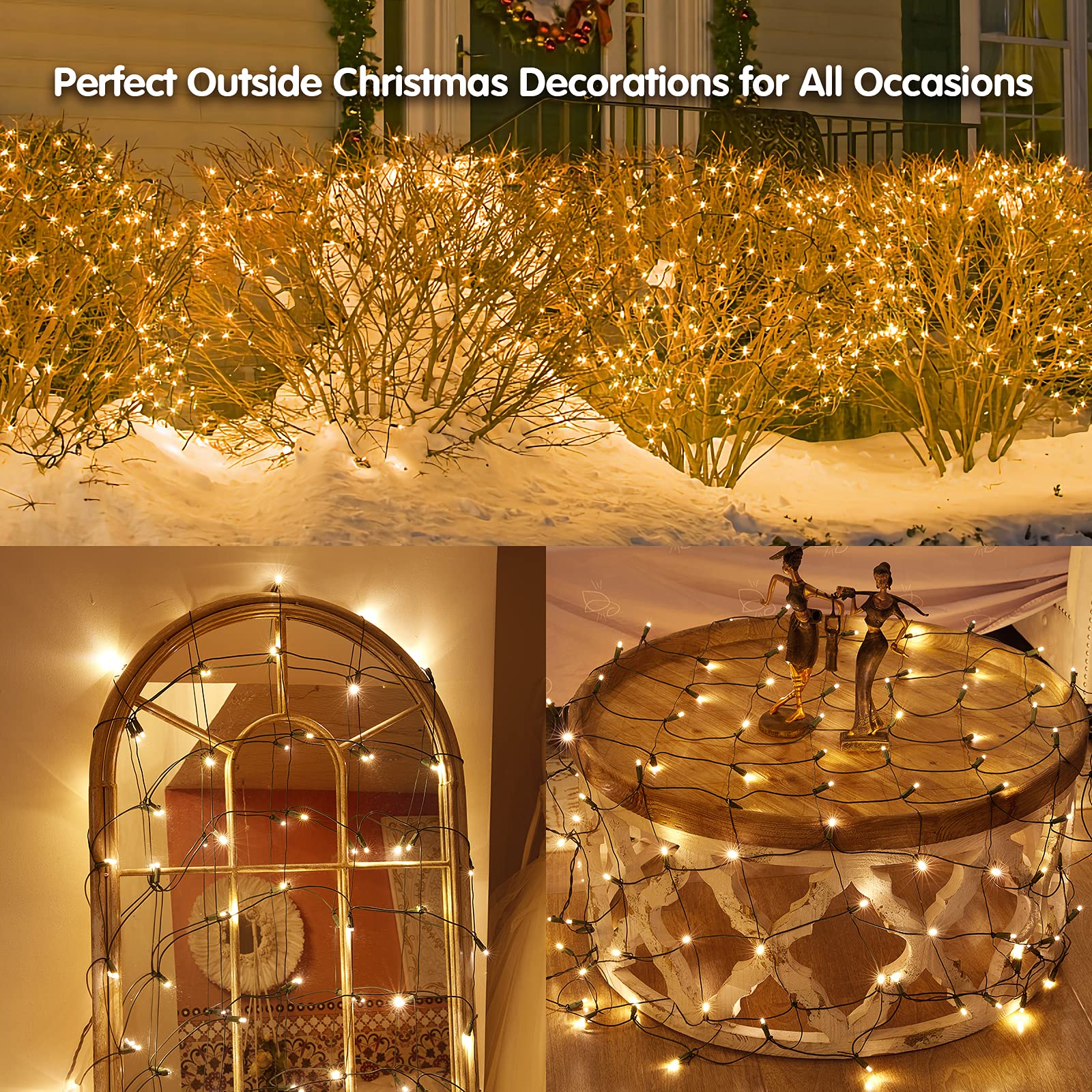 Dirnun Led Christmas Net Lights Outdoor Christmas Lights Warmwhite 160Led 5Ftx7Ft, Waterproof Outdoor Indoor Fairy Mesh Net Ligh