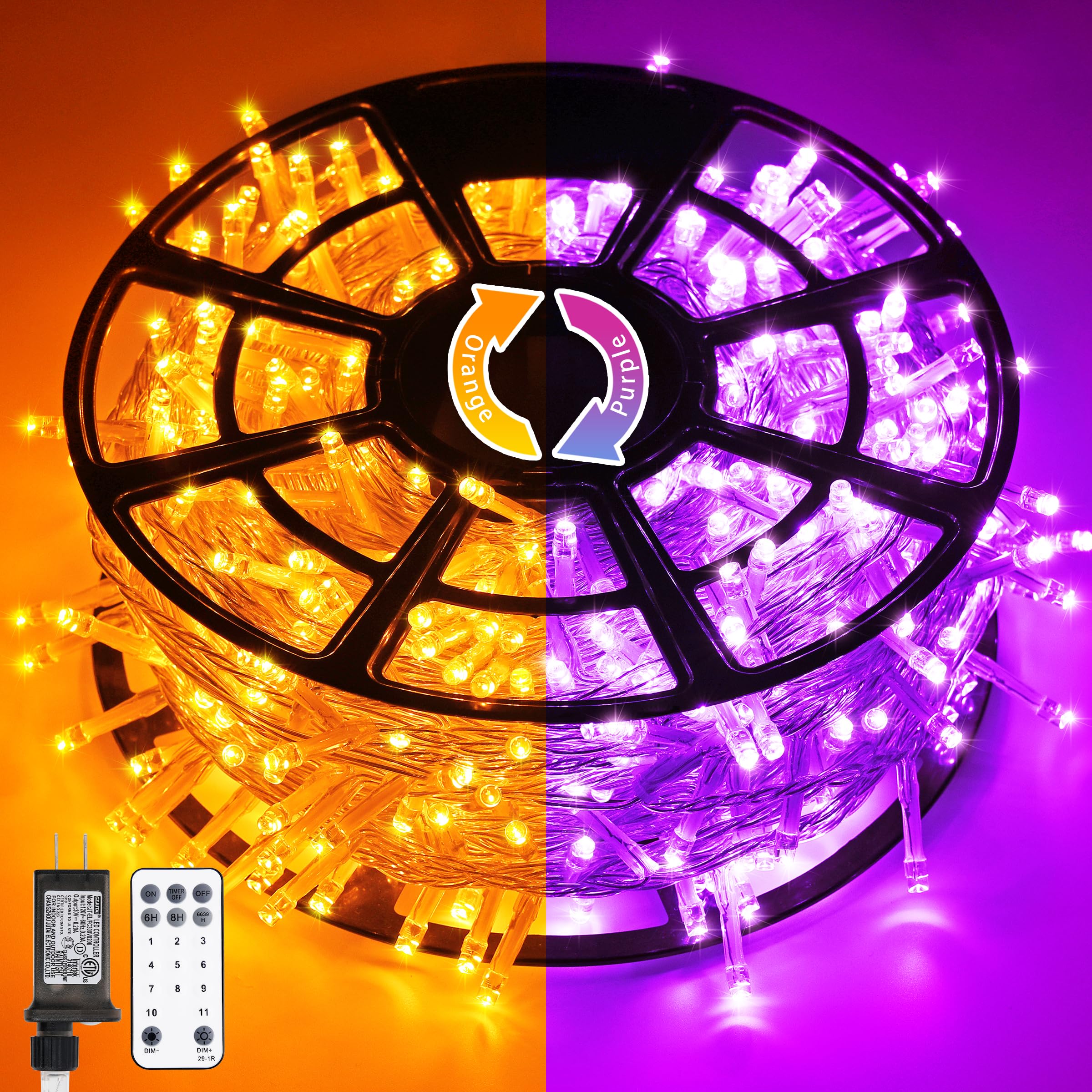 JMEXSUSS Halloween String Lights 168ft 600 LED Waterproof Clear Wire Orange Purple EXS-S-0600-R