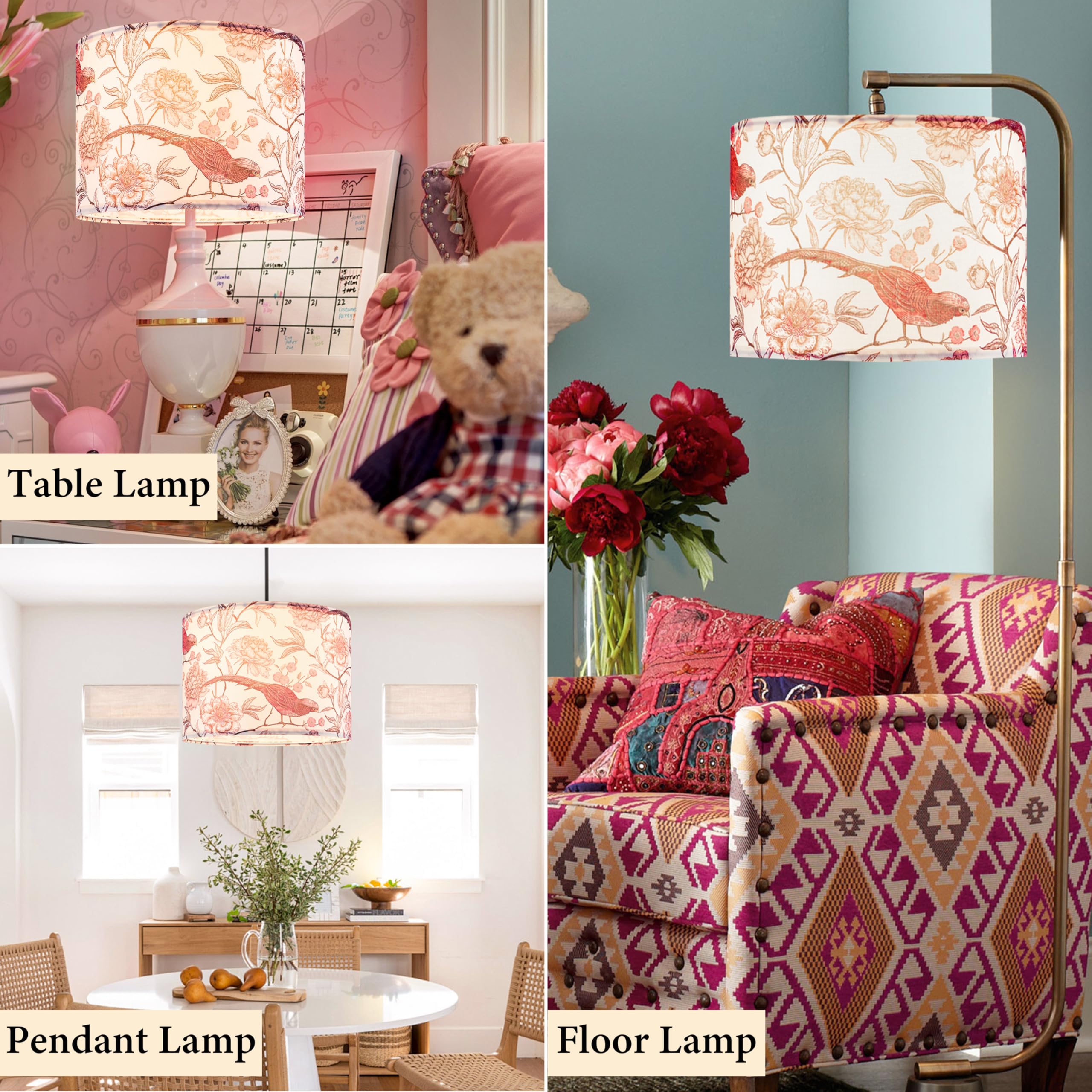 Go&So 1 Pack Floral Bird Large Drum Lamp Shade 1.65Spider E27 Base 16 X16 X12 Printed Pattern Design Diy Assembly With Multi-Adapter (E26/E14/10Mm) Ideal For Floor/Table Lamps/Pendant Lighting