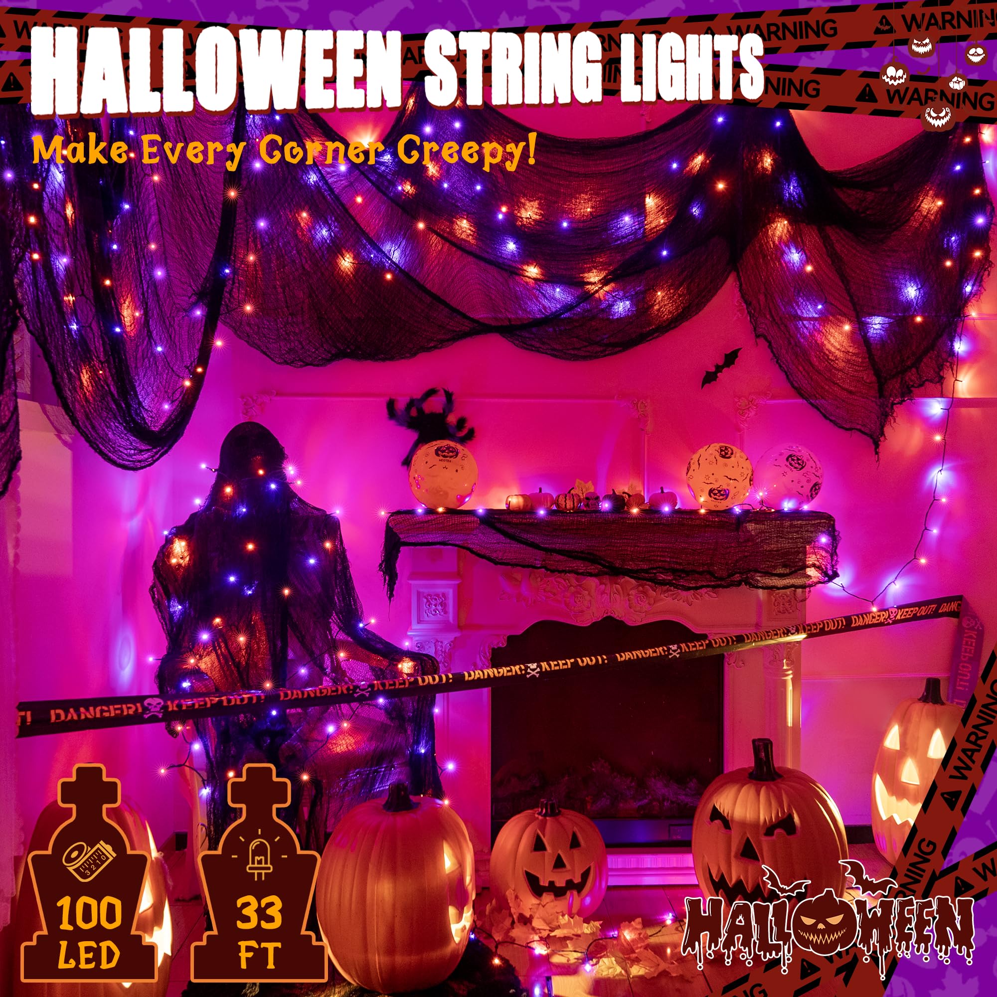 Ollny Halloween String Lights, 100 LED, 33FT, Orange and Purple, 8 Modes Timer, Indoor/Outdoor Decor, Model NYA0100H