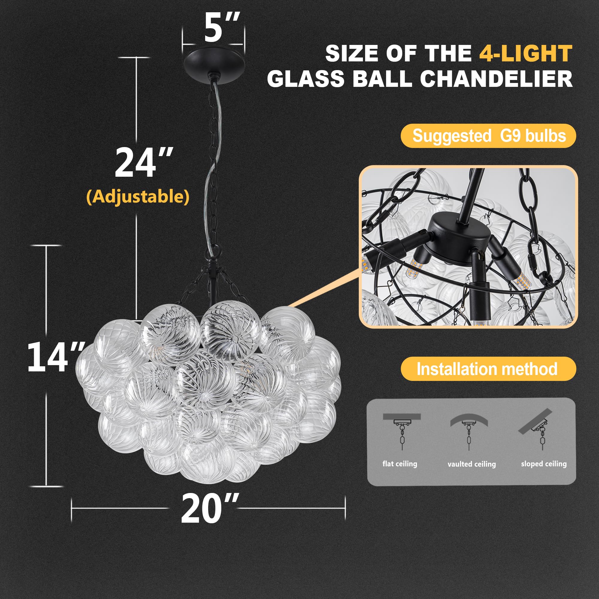 Beypan Bubble Glass Ball Chandelier Black Ceiling Light Fixtures Swirled Clear Ribbed Blown Glass Globe Chandeliers 20'' Dia Pen