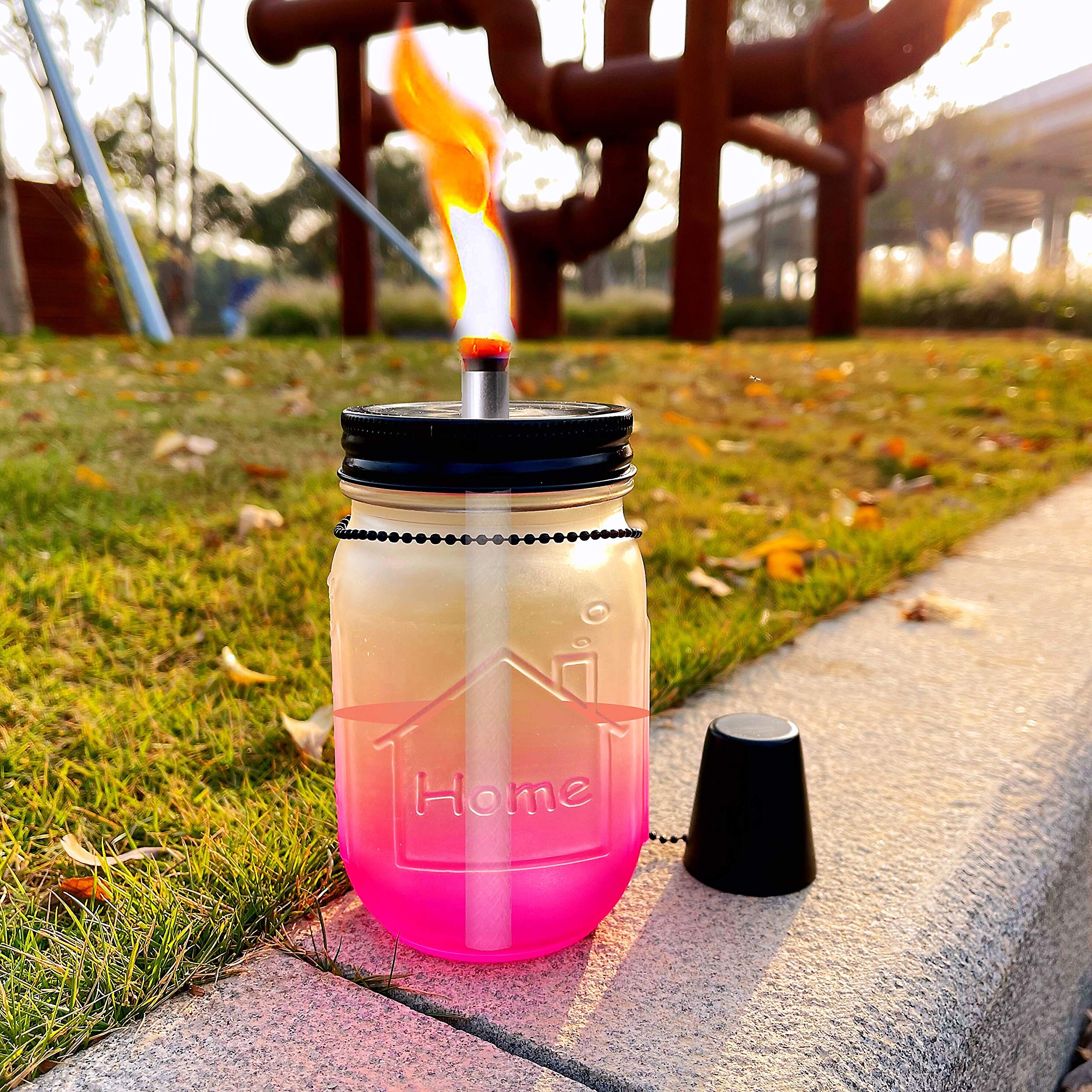 Mason Jar Tabletop Torches Kits,6 Pack Regular Mouth Lids with Protective Tube,Long Life Fiberglass Wicks and Caps,Outdoor Oil L