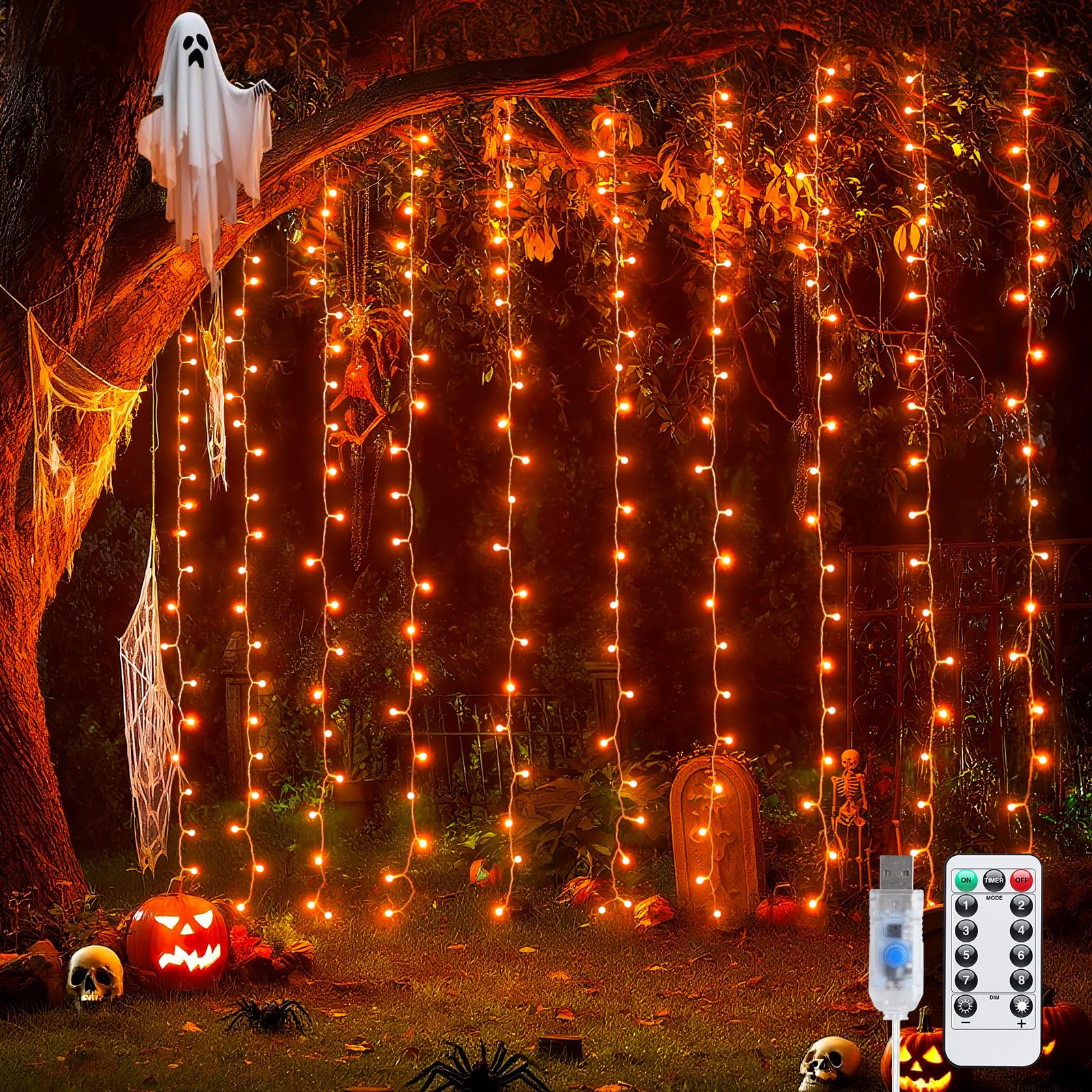 JMEXSUSS Orange Curtain Lights for Halloween, 200 LED Halloween Curtain String Lights USB Plug in, 8 Modes Orange Hanging Window