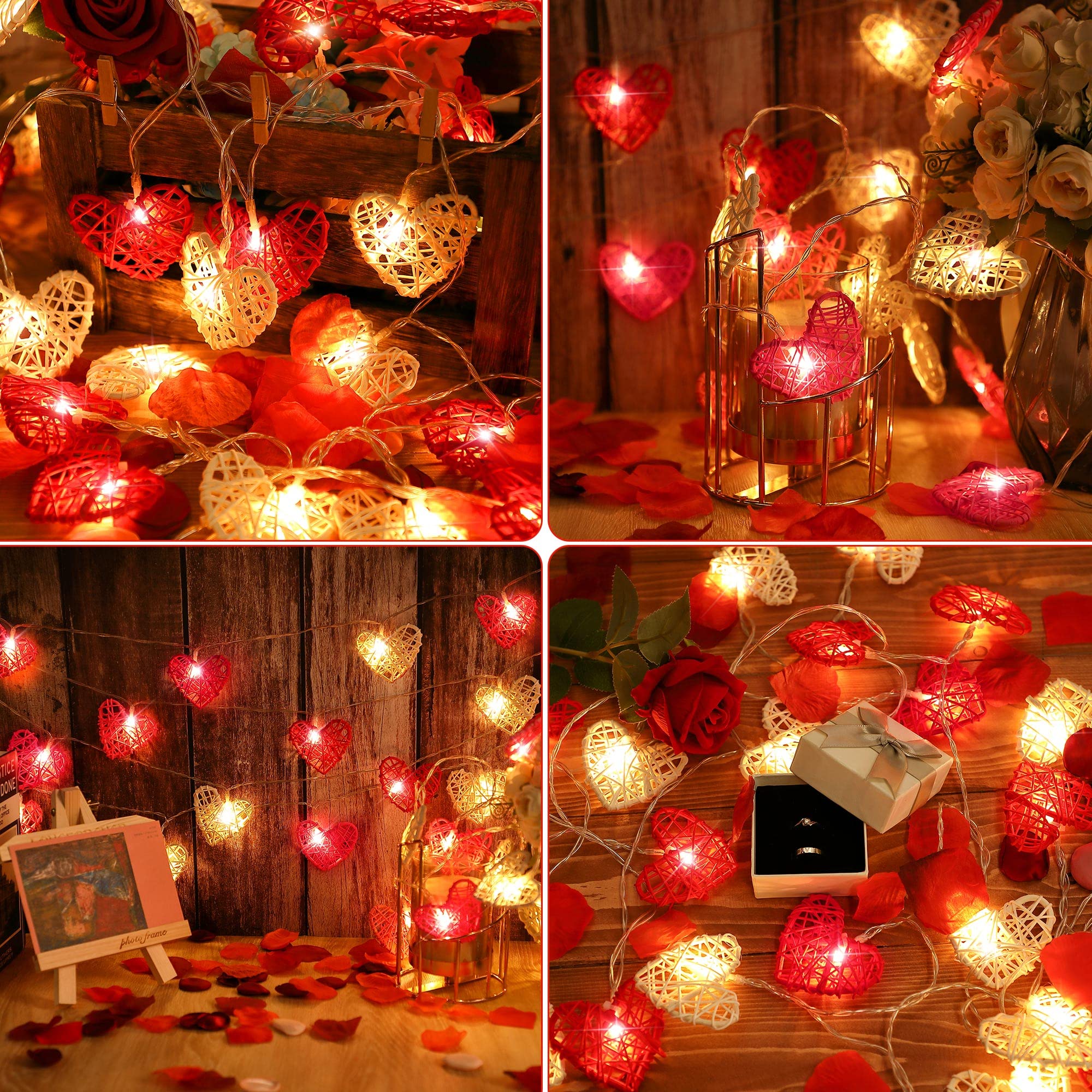 Hiboom Valentines Heart String Lights, Battery Operated Vintage Rattan Heart Shaped Lights, 16Ft 24 Led Twinkle Light For Valent