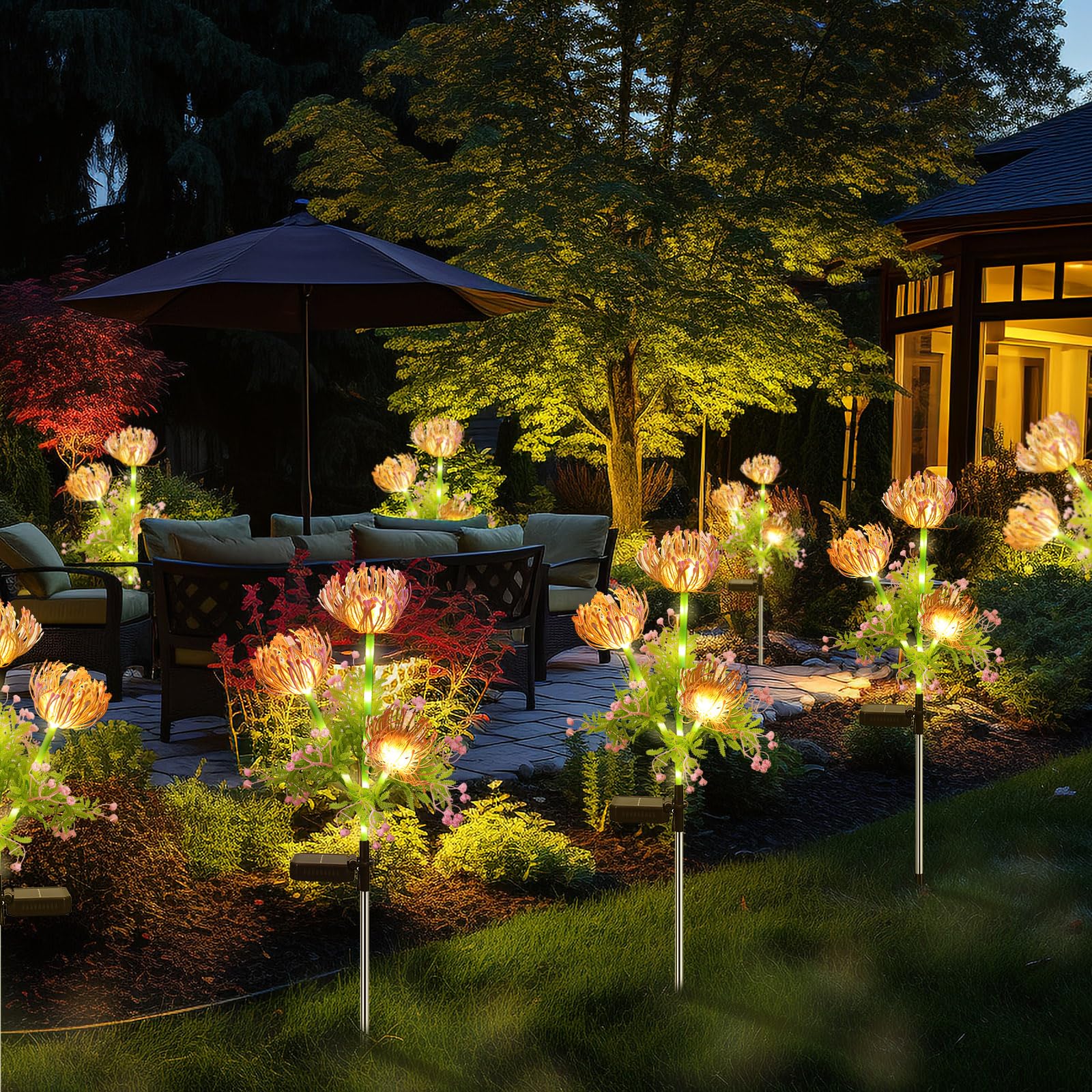Syouhome 4-Pack 12 Head Solar Flowers Lights  Waterproof Solar Garden Lights Outdoor For Christmas  Flower Lights With Glowing Stems  For Flowerpot Yard Pathway Balcony Patio Garden Decor