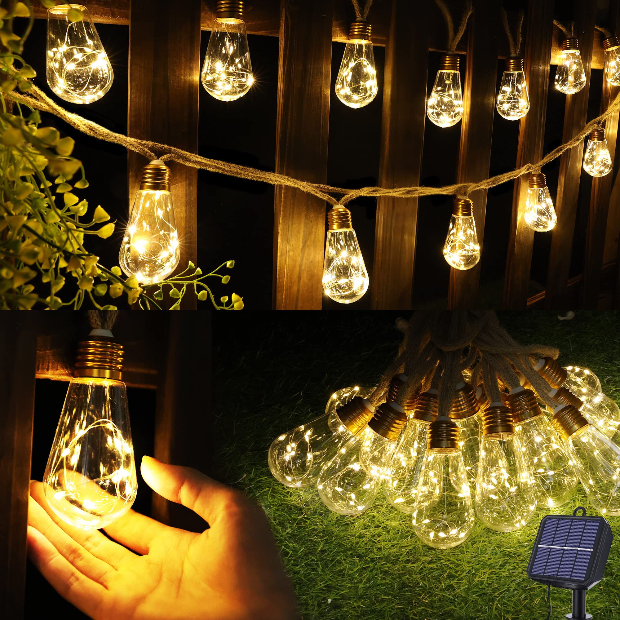 Solar Outdoor String Lights, 20Ft Vintage Rope Hemp Solar Patio Lights, Waterproof Warm White Solar Powered String Lights With 8