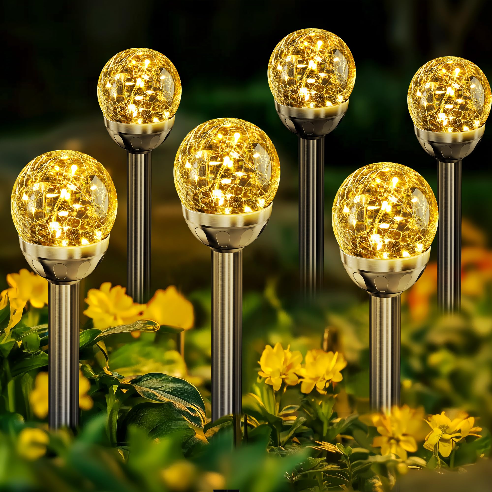 SOLPEX Solar Garden Lights String, 6 Pack Outdoor Christmas Decoration Warm White Solar Powered Cracked Glass Ball Lights, Water