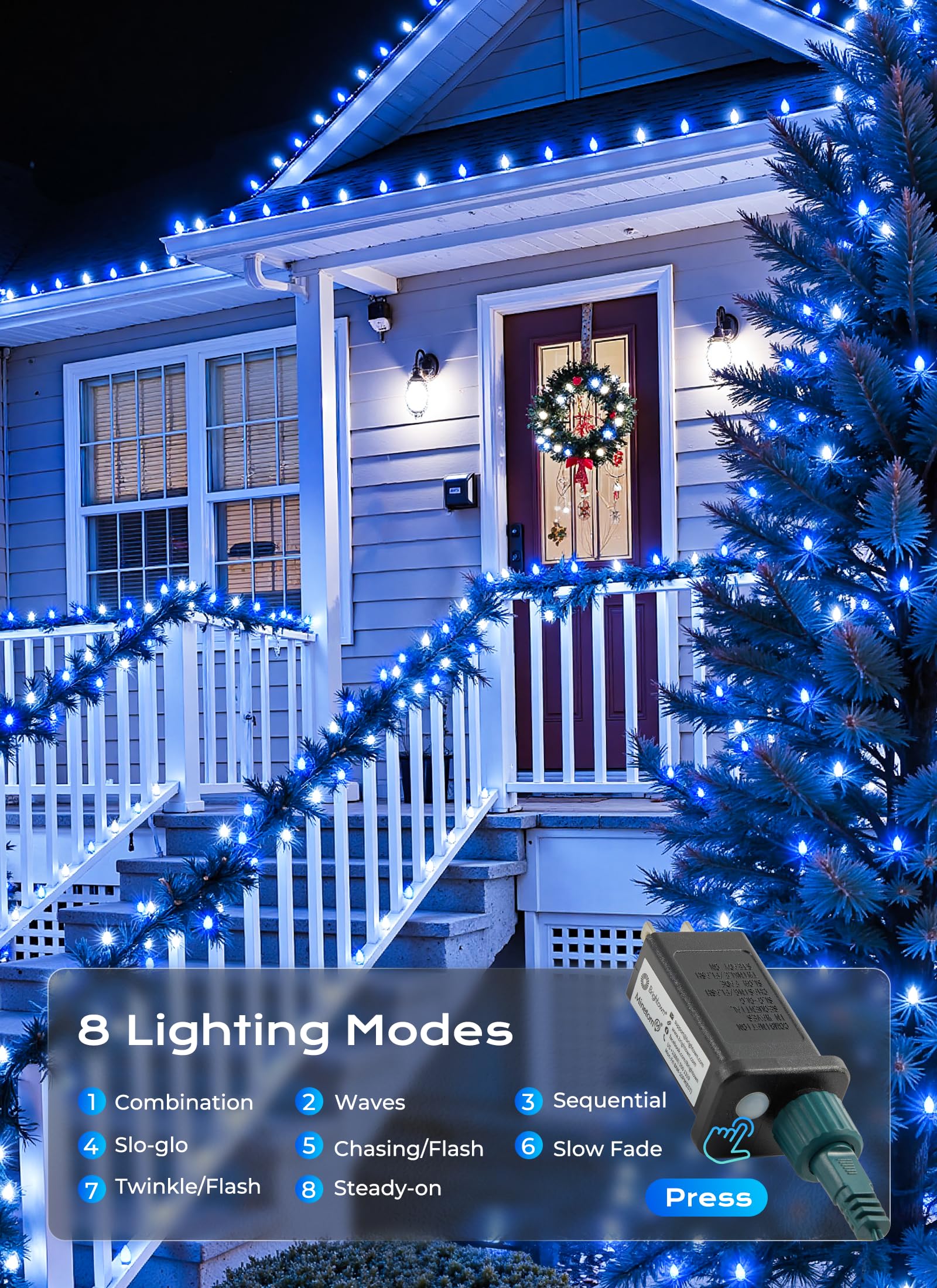 C9 Christmas Outdoor Lights  72 Ft 110 Led C9 String Lights  8 Modes & Timer Extendable Waterproof For Christmas Tree Indoor Outdoor Roofline Patio Outside Garden Backyard Xmas Decor  Blue White