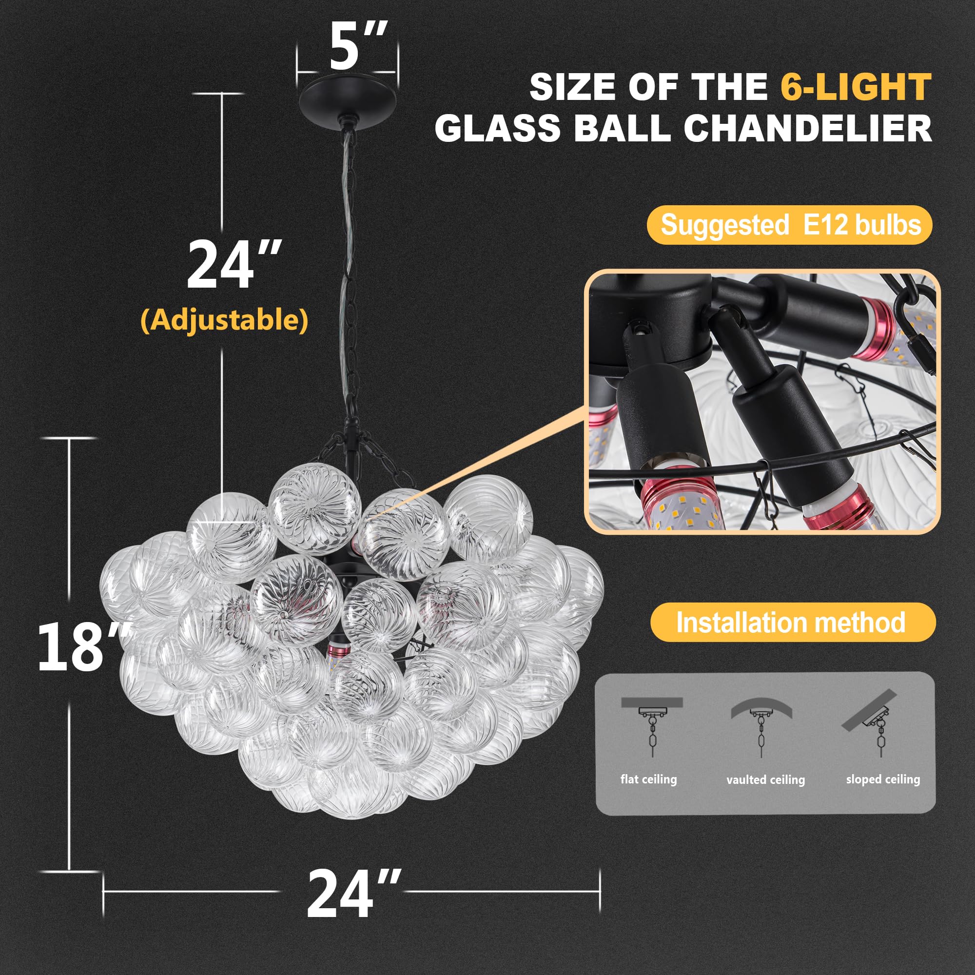Beypan Bubble Ball Swirled Glass Chandelier Black Finish Clear Ribbed Blown Glass Globe 24'' Dia Pendant Light Fixture For Bedro