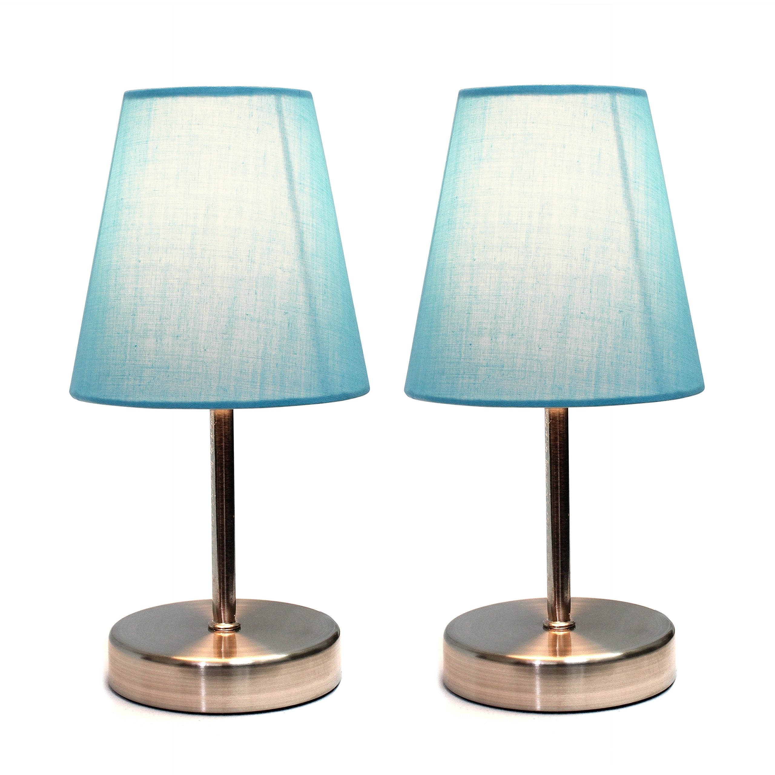 Simple Designs Lt2013-Blu-2Pk Mini Basic Two Pack Sand Nickel Table Lamp With Fabric Shade Set, Blue, 2 Count
