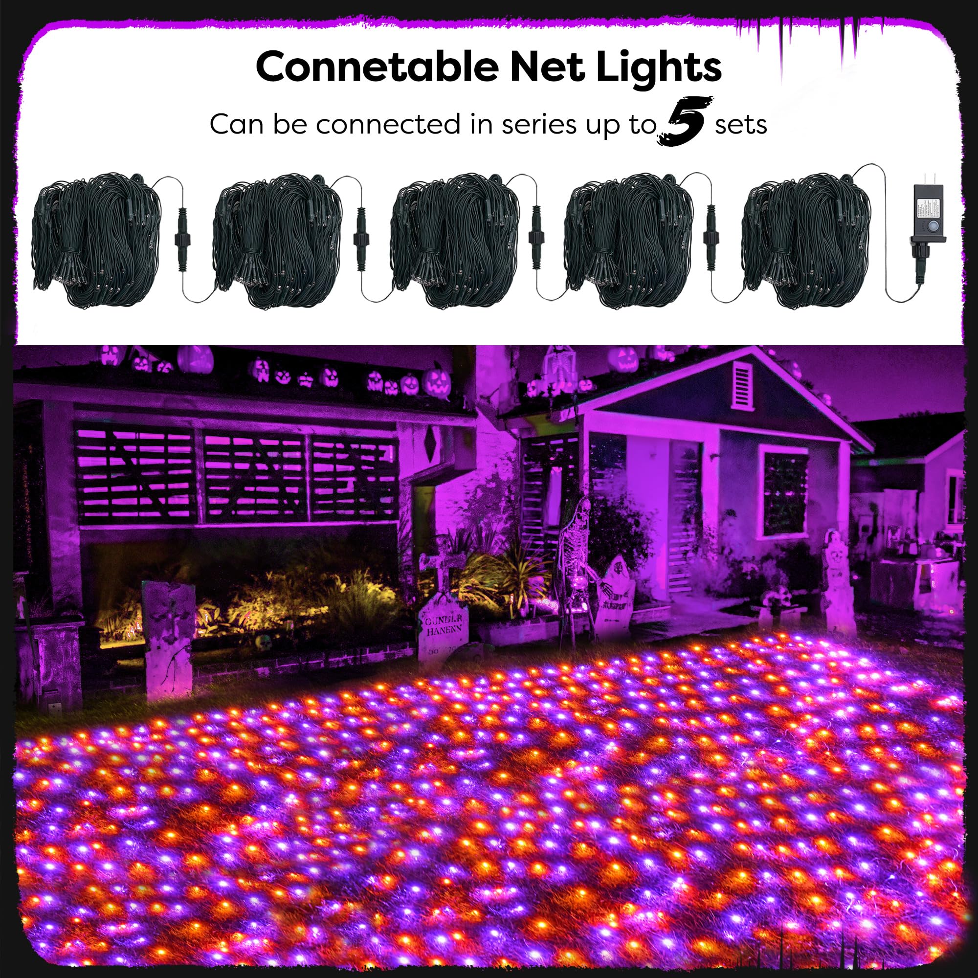 Wbao Halloween Lights Outdoor 200Led 8.4Ft X 5.2Ft Orange Purple Halloween Net Lights With 8 Modes  Timer  Connectable  Waterproof & Dark Green Wire For Lawn  Bushes  Trees  Outdoor Holiday Decor