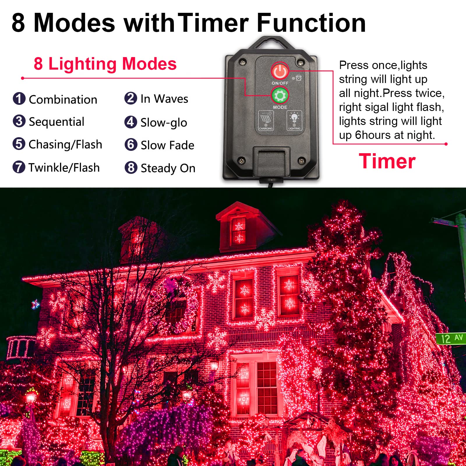 Red Solar Christmas Lights Outdoor, 2 Pack 144Ft 400Led Fairy String Lights With 8 Modes Ip44 Waterproof Twinkle Lights For Tree