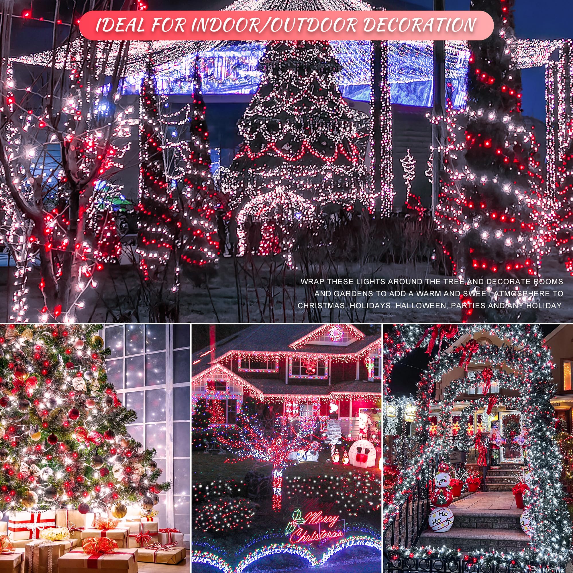 Oopswow 33Ft 100 Led String Lights,Waterproof Twinkle Fairy Lights Plug In With 8 Modes, Christmas Lights Clear Wire For Wedding, Valentine,Party,Tree,Christmas Decoration Indoor Outdoor-Red&White