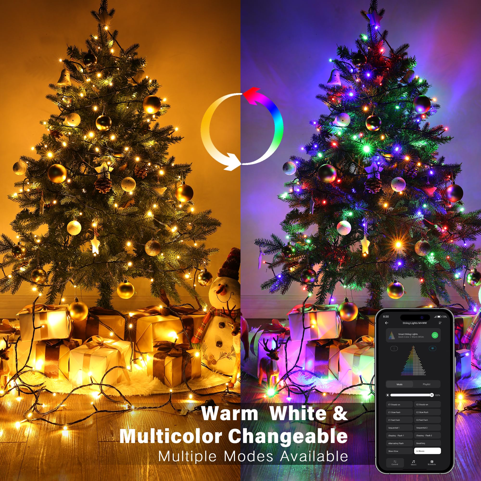 ODEETRONIC Christmas Tree Lights 300 LED Color Changing Smart String Lights 98ft Warm White & Multicolor SLCL003