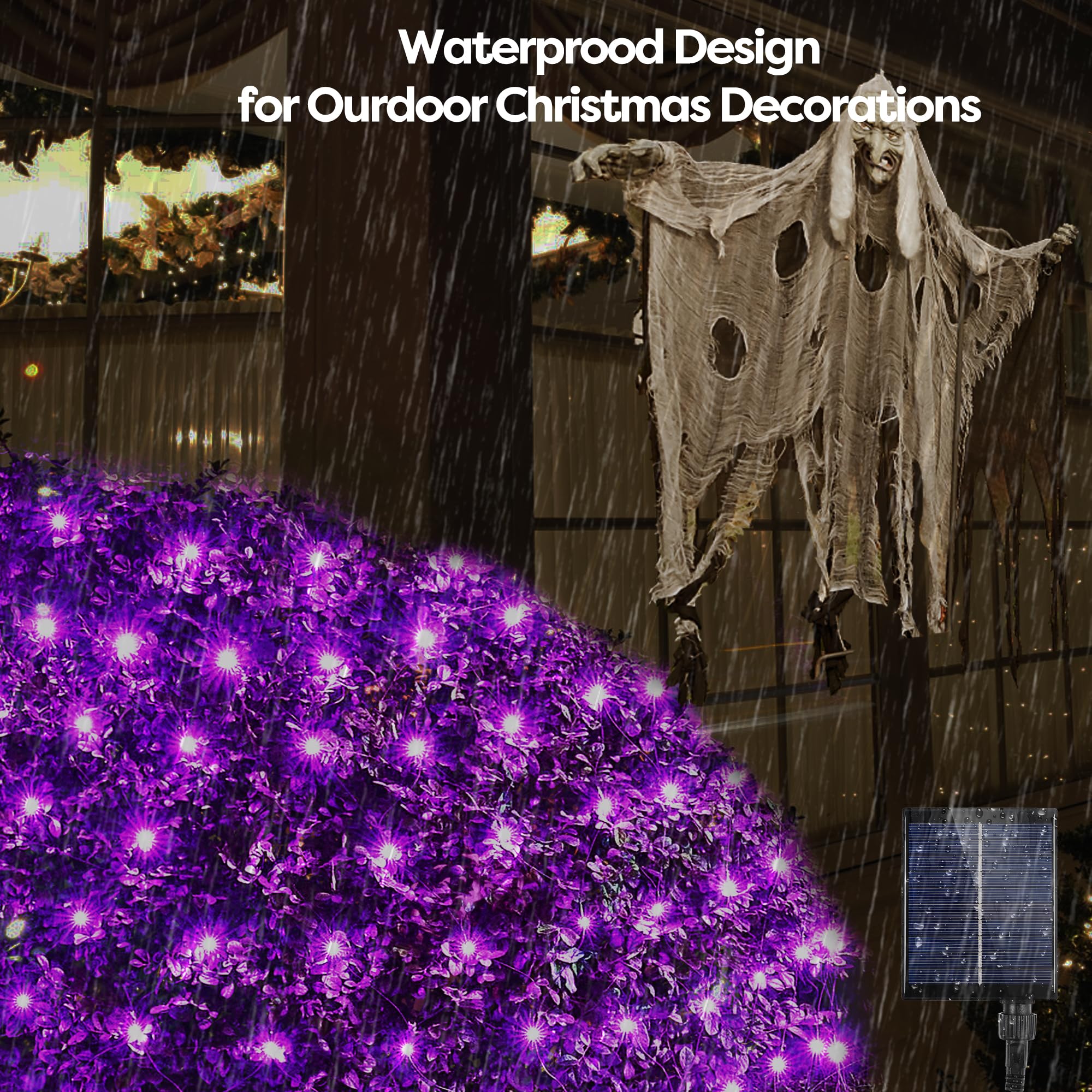 WBao Solar Halloween Lights, 200LED Net Lights, 8 Modes, Timer, IP65 Waterproof, Dark Green Wire, Purple, 8.4ft x 5.2ft