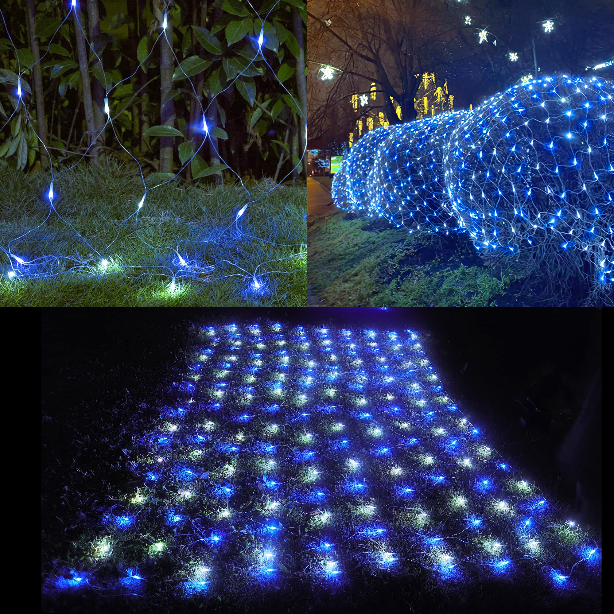 HEYFUNi 192 LED Net Lights – Waterproof Blue White Mesh Lights, 8 Modes, 9.8ft x 6.6ft, Model QX-U-O-N-192-BW