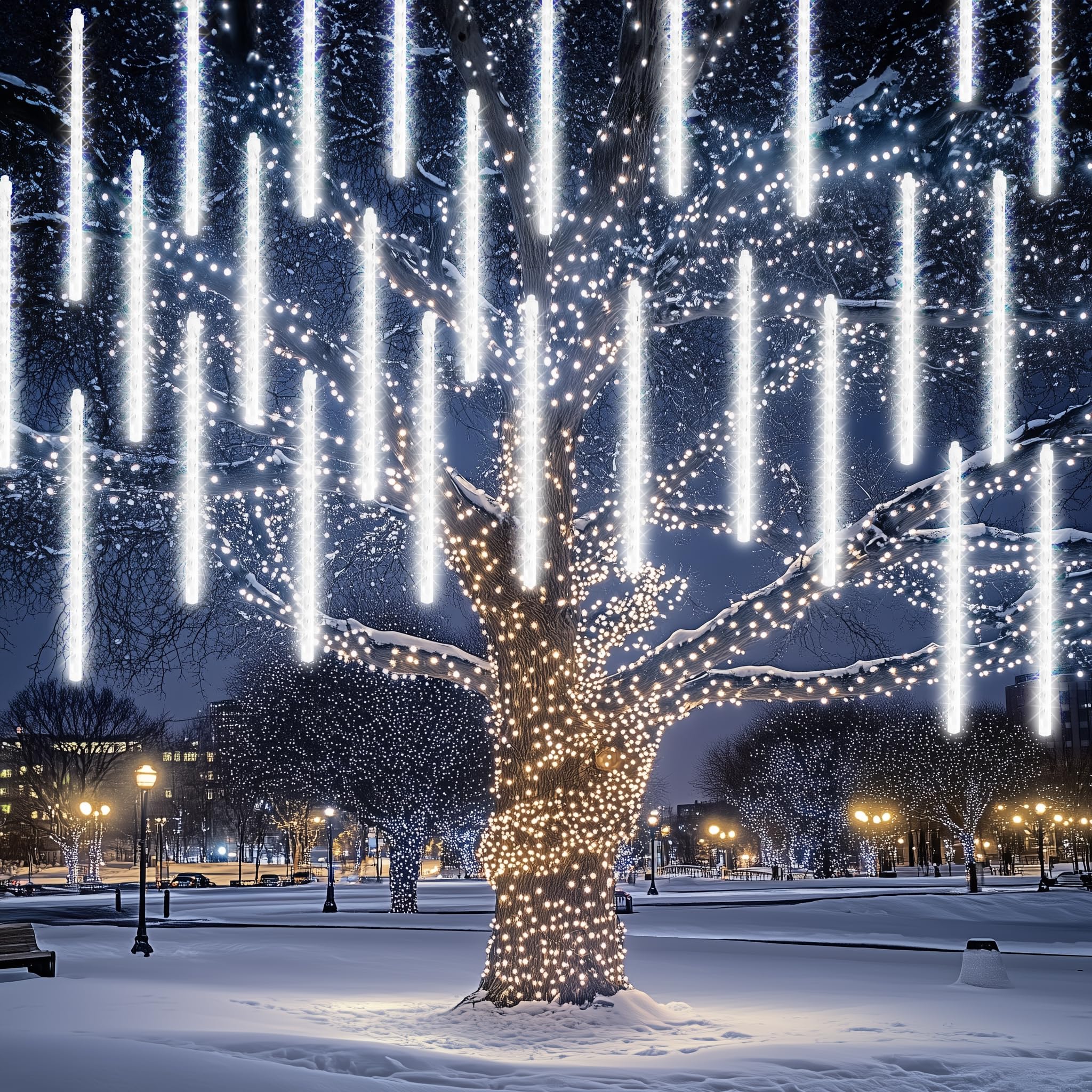 FUNPENY Meteor Shower Rain Lights, 864 LED Icicle Lights, White, Model HB-300COI, Outdoor Christmas Decoration