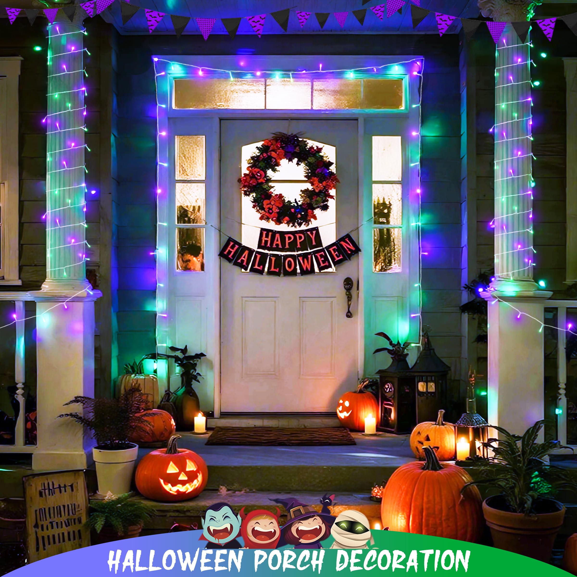 Jmexsuss 2 Pack Purple And Green Halloween Lights  Total 200 Led 8 Modes Halloween String Lights Plug In  Each 33Ft Connectable Christmas Lights Indoor Outdoor For Tree Porch Fireplace Decor