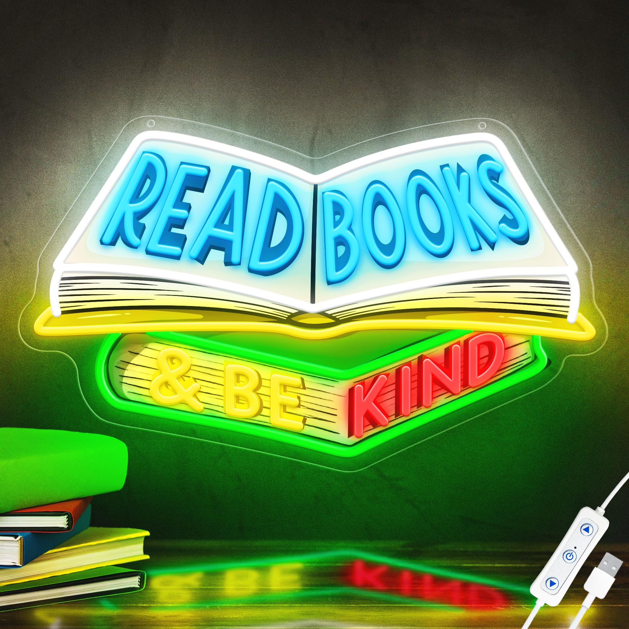 SELICOR Read Books & Be Kind Neon Signs for Wall Decor-Teacher Appreciation Gift,Adjustable LED Book Neon Light Up Sign for Read