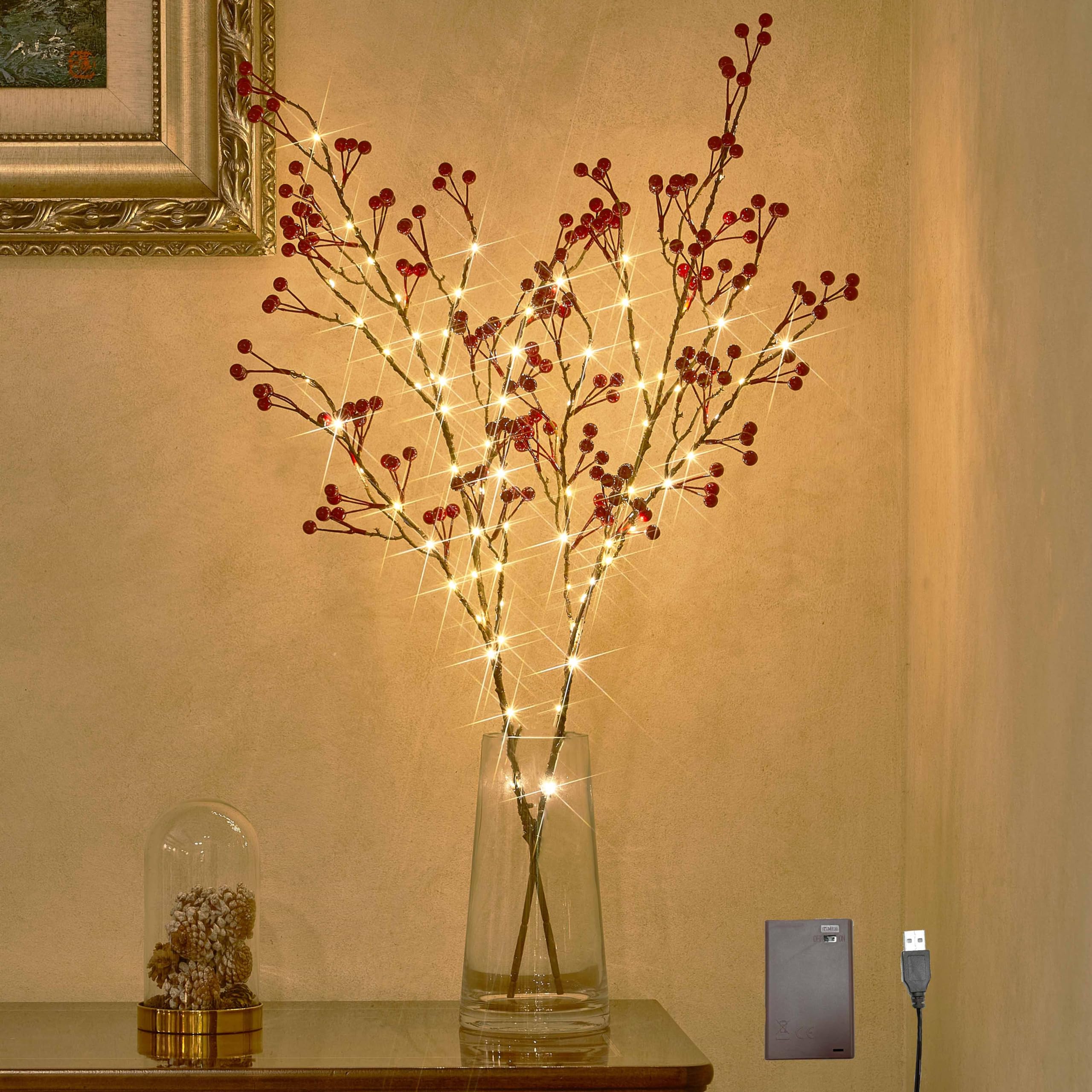 LITBLOOM Lighted Red Berry Branches 80 LED Fairy Lights with Timer, Twig Branches with Lights 32IN Battery Operated and USB Plug in for Home Fireplace Christmas Decoration