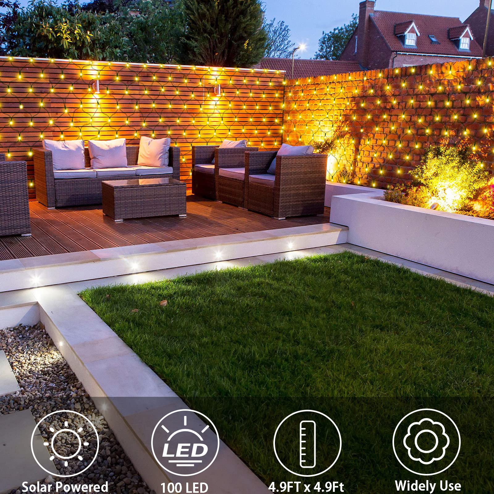 echosari Solar Net Lights 100 LED 5Ft x 5Ft Warm White Auto On/Off 8 Modes Outdoor Mesh Decor