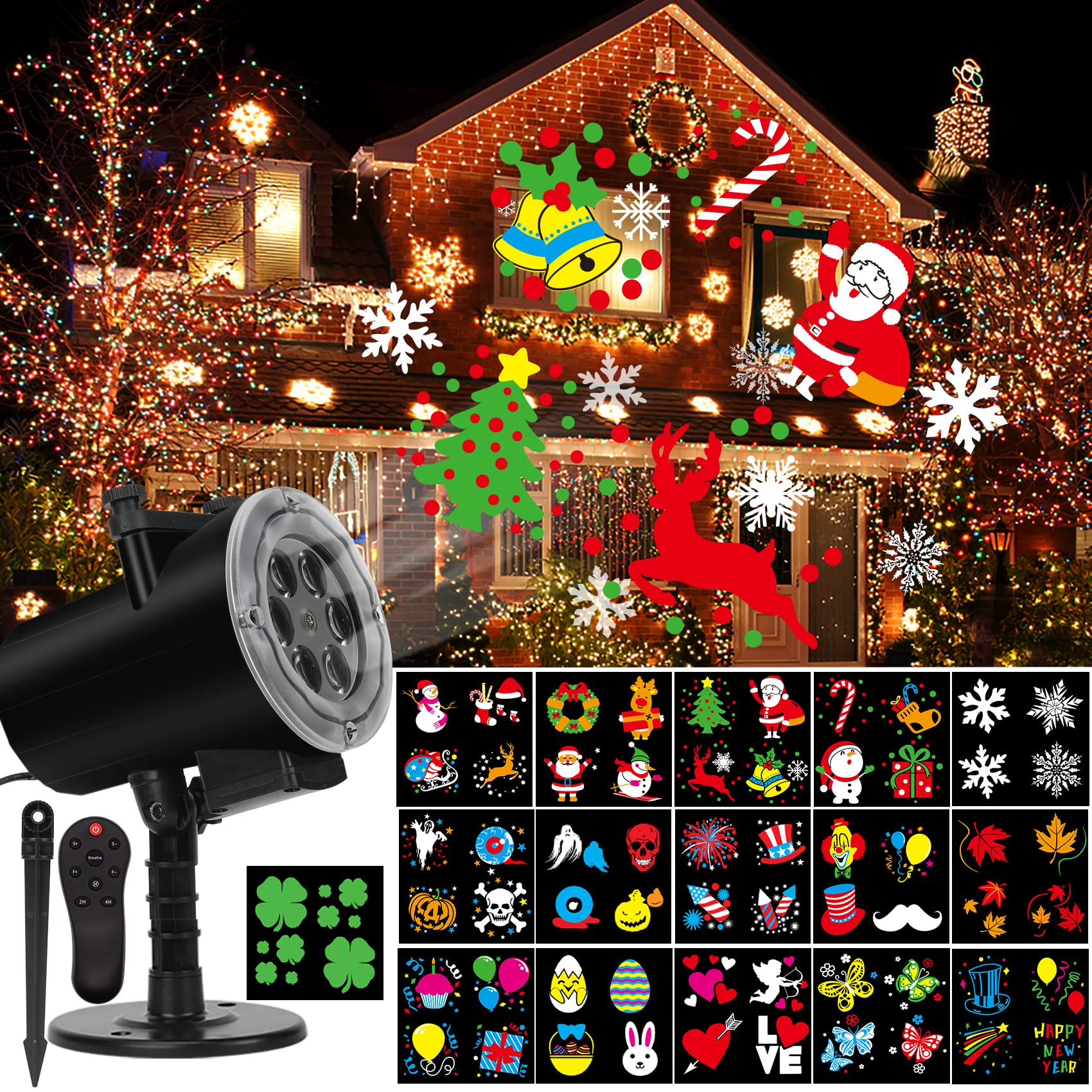Holiday Projector Light, Syslux Halloween Christmas Projector Lights 16 Hd Slides Led Waterproof Light Outdoor Indoor Light With