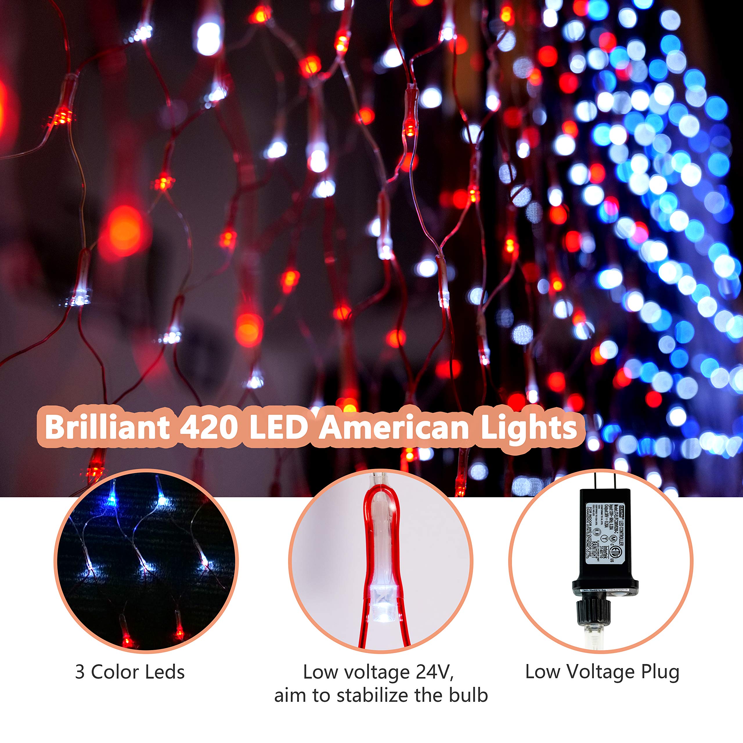 DANLI American Flag String Lights, 420 LED Waterproof Plug-In Decoration, Multicolor for Garden Patio, July 4th & Holidays