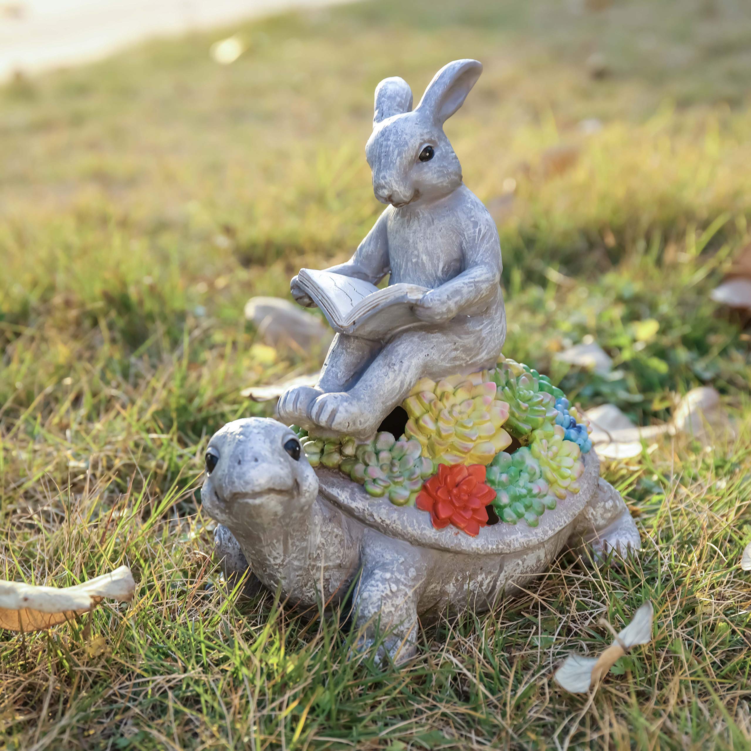 TERESAS COLLECTIONS Garden Statues Rabbit Turtle Solar Light, Gray, Large, Resin, 9in Outdoor Decor for Lawn Patio Yard
