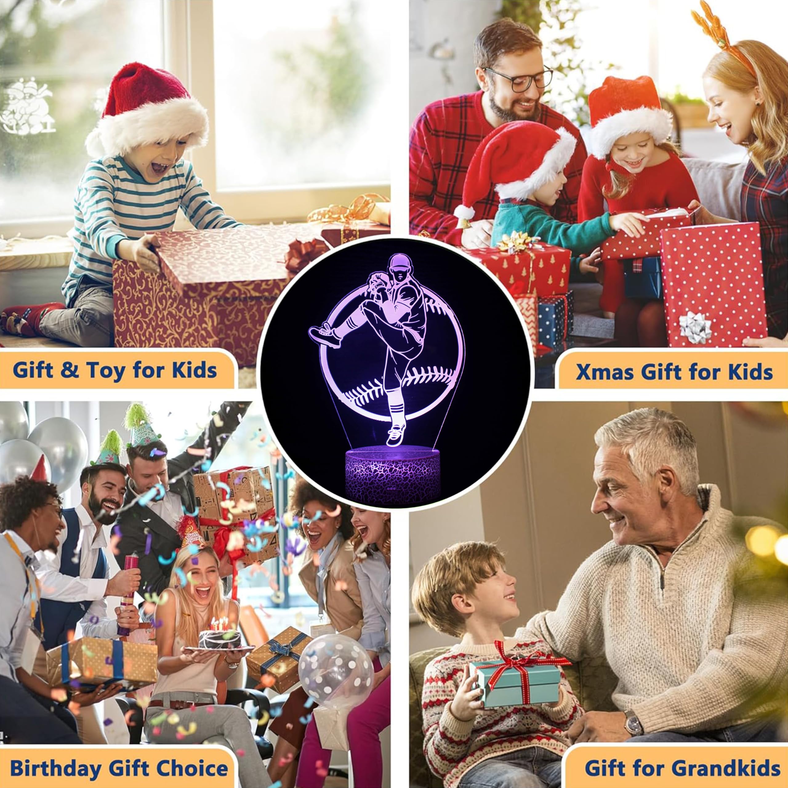 Yzddsi 3D Baseball Night Light for Kids - 16 Color Changing LED Lamp with Remote, Timer & Touch Base - USB or Battery Powered Sp