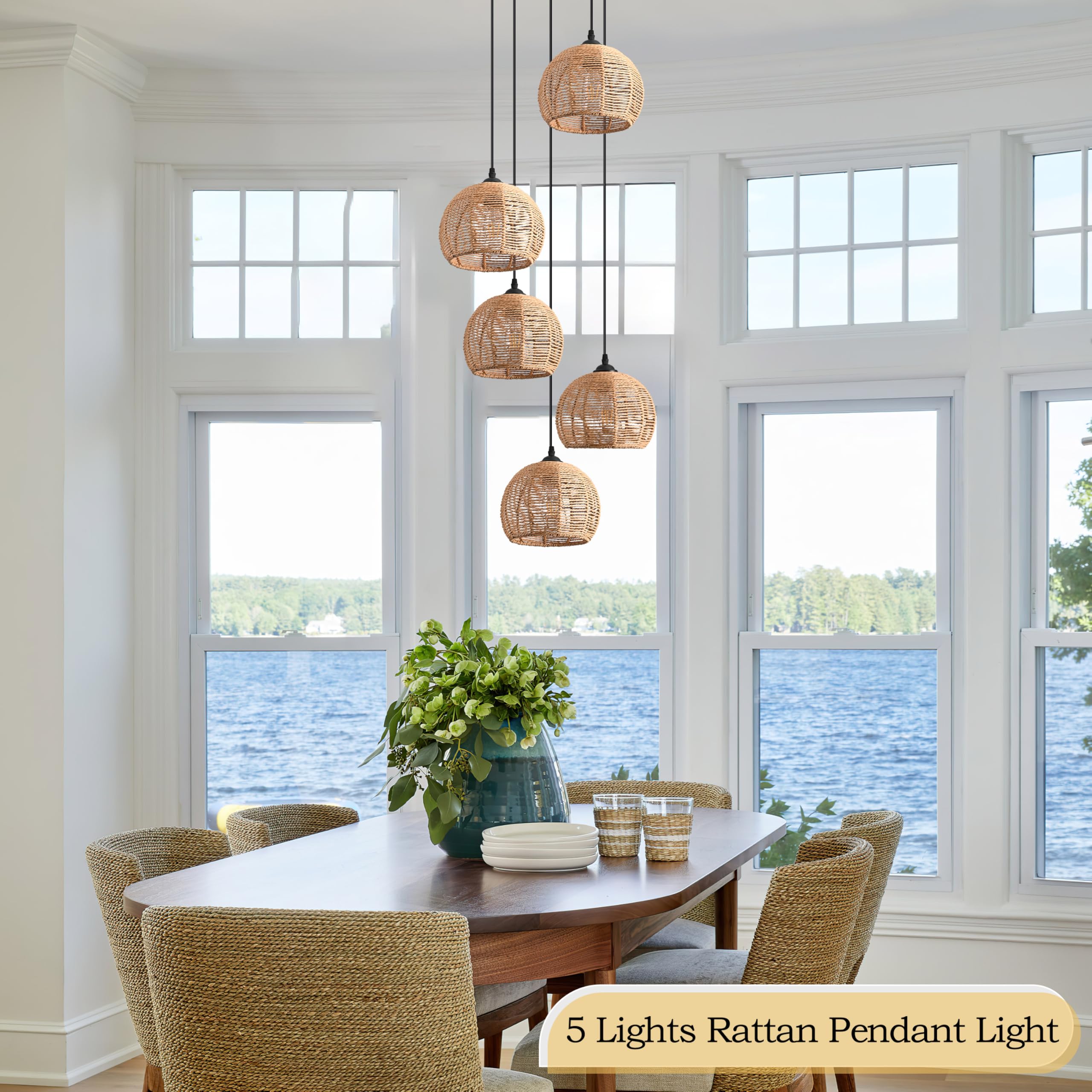 5-Light Woven Foyer Chandeliers For High Ceiling,5 Dome Boho Rattan Pendant Light Farmhouse Wicker Ceiling Light,Rustic Hemp Rop