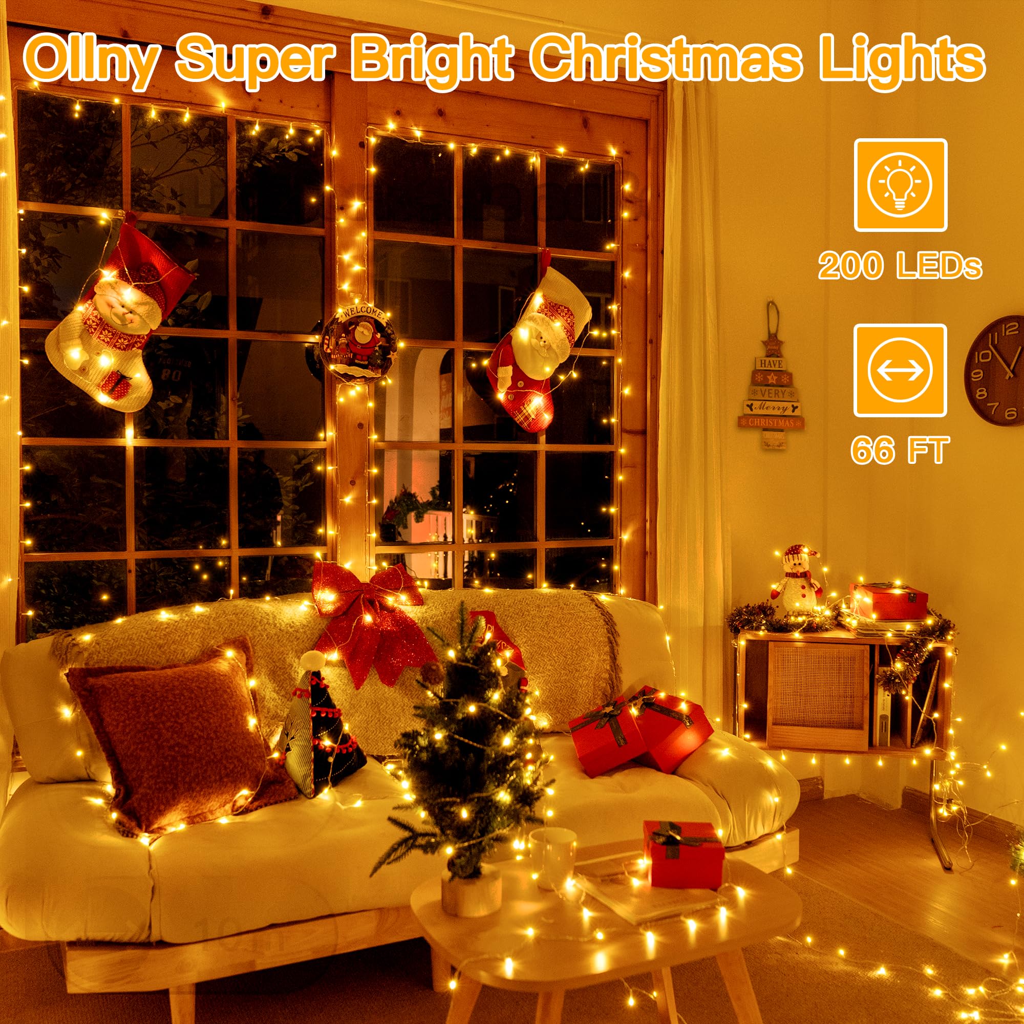 Ollny Christmas String Lights 200 LED Color Changing Multicolored & Warm White 66FT with Remote Control, Waterproof, Model HG-29V203C