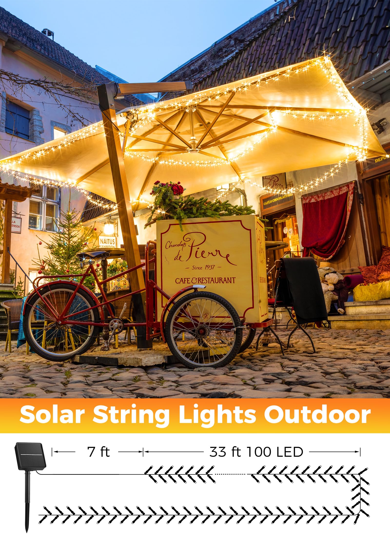 Minetom 40 FT Solar String Lights - 100 LED Warm White Outdoor Lights, IP65 Waterproof, 8 Lighting Modes for Tree Party Decor