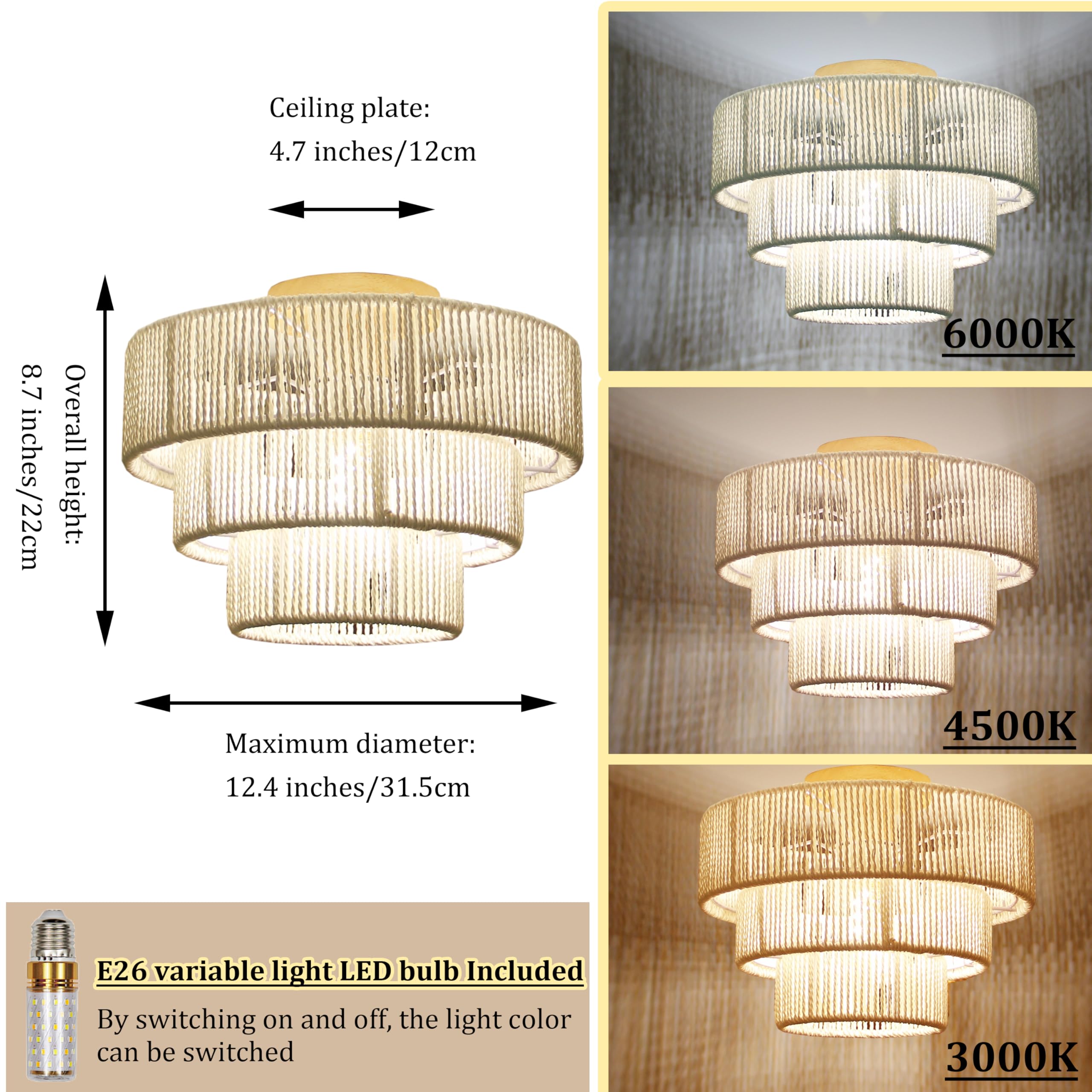 LigeroLuz Rattan Ceiling Light Fixture, Boho Design, LED Variable Bulb, 12.4in-Style B, White, Model CL-02