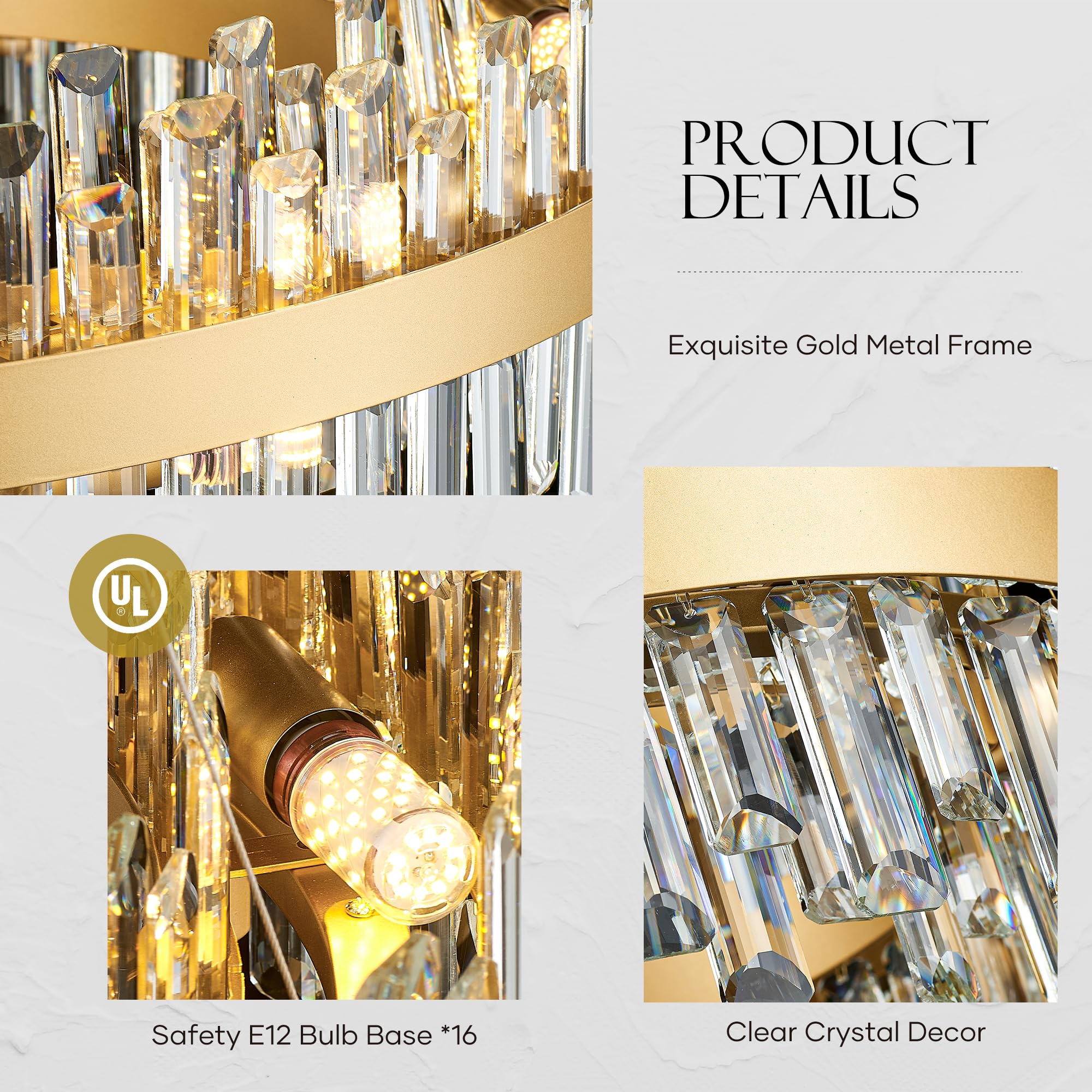 lighceac 31.9" Gold Modern Crystal Chandelier - 16-Light Luxury Pendant for Dining Room, Kitchen, Living Room, Model LX-2409-16A