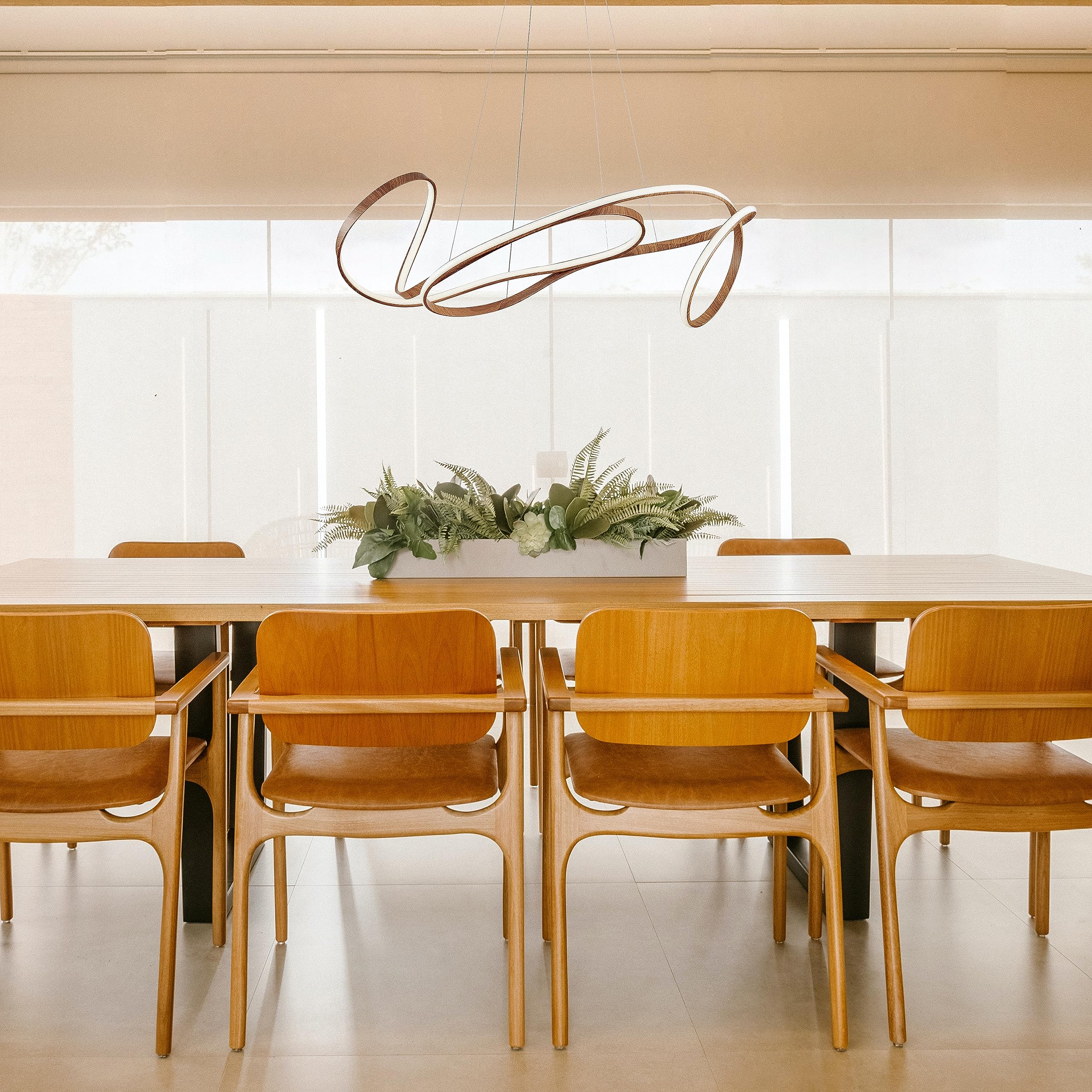 Finesse Decor Moscow Modern Chandelier - LED Ceiling Light Fixture, Curvy Design, Light Wood, Model CH-006-LW